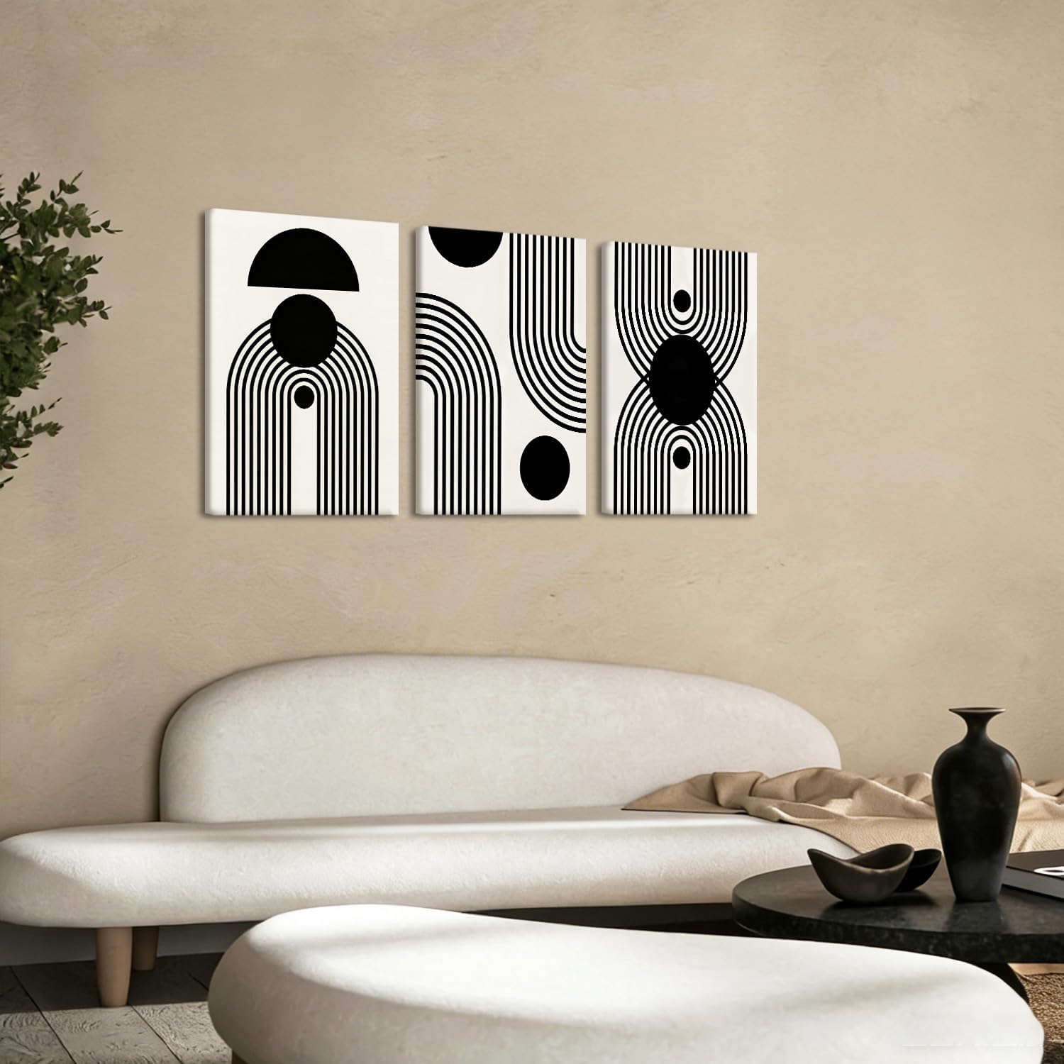 LYYGLYY 3Pcs Framed Black and White Wall Art，Modern Geometric Canvas Print Wall Decor，Abstract Wall Art for Living Room，Striped Color Block Minimalist Wall Decor for Bedroom, Office, 12x16 Inches