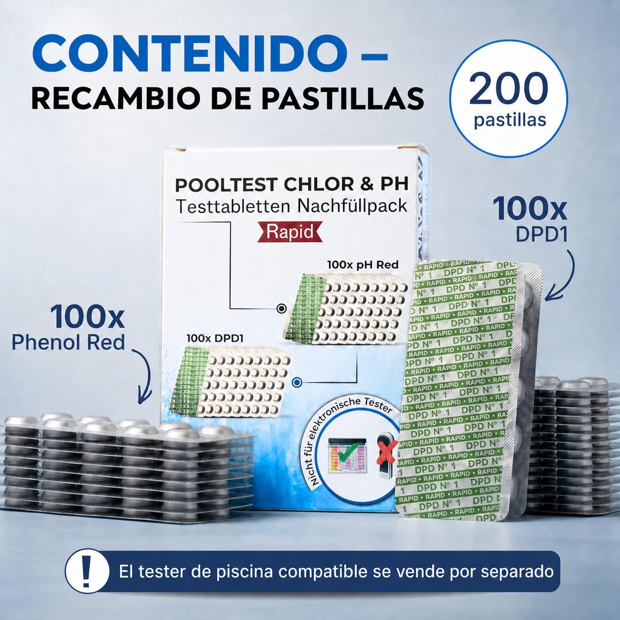 Recambio 200 pastillas reactivas para tester de piscina | 100x DPD1 + 100x Phenol Red | mide cloro libre, bromo y pH | pastillas Rapid para piscina, spa y jacuzzi | para tester manual
