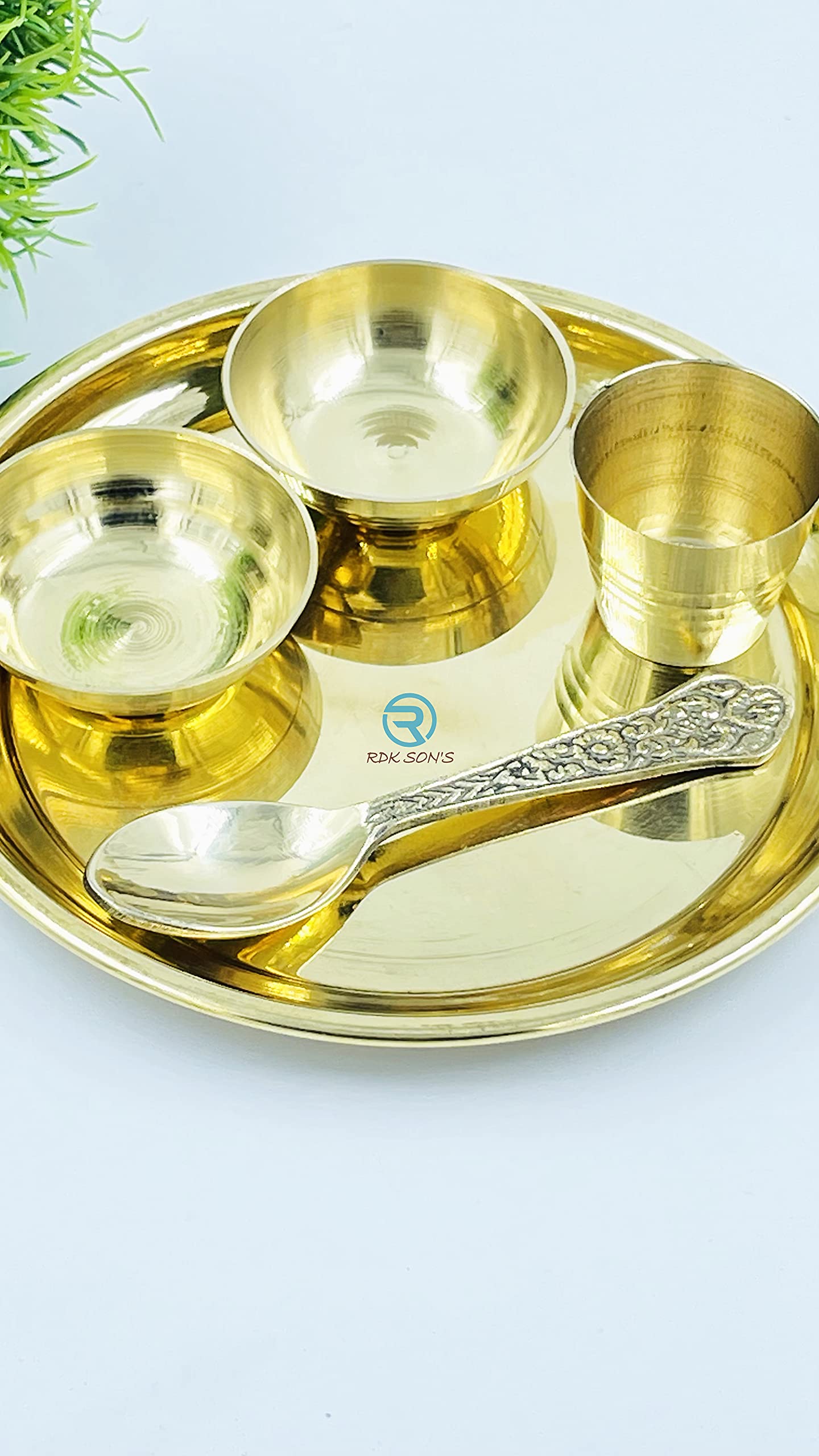 RDK SON'S Brass Pooja Thali for Ladoo Gopal Bhog | Thakurji Bhog Thali with Glass, Two Bowl and Spoon (Set of 5) 1