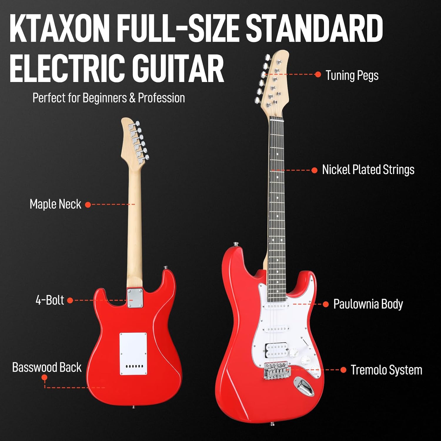 Ktaxon Full Size Electric Guitar Kit with AMP, 6 String HSS Pickups Solid-Body 39 Inch Electric Guitars Set for Beginner & Adults W/Gig Bag, Strap, Extra Strings, Red