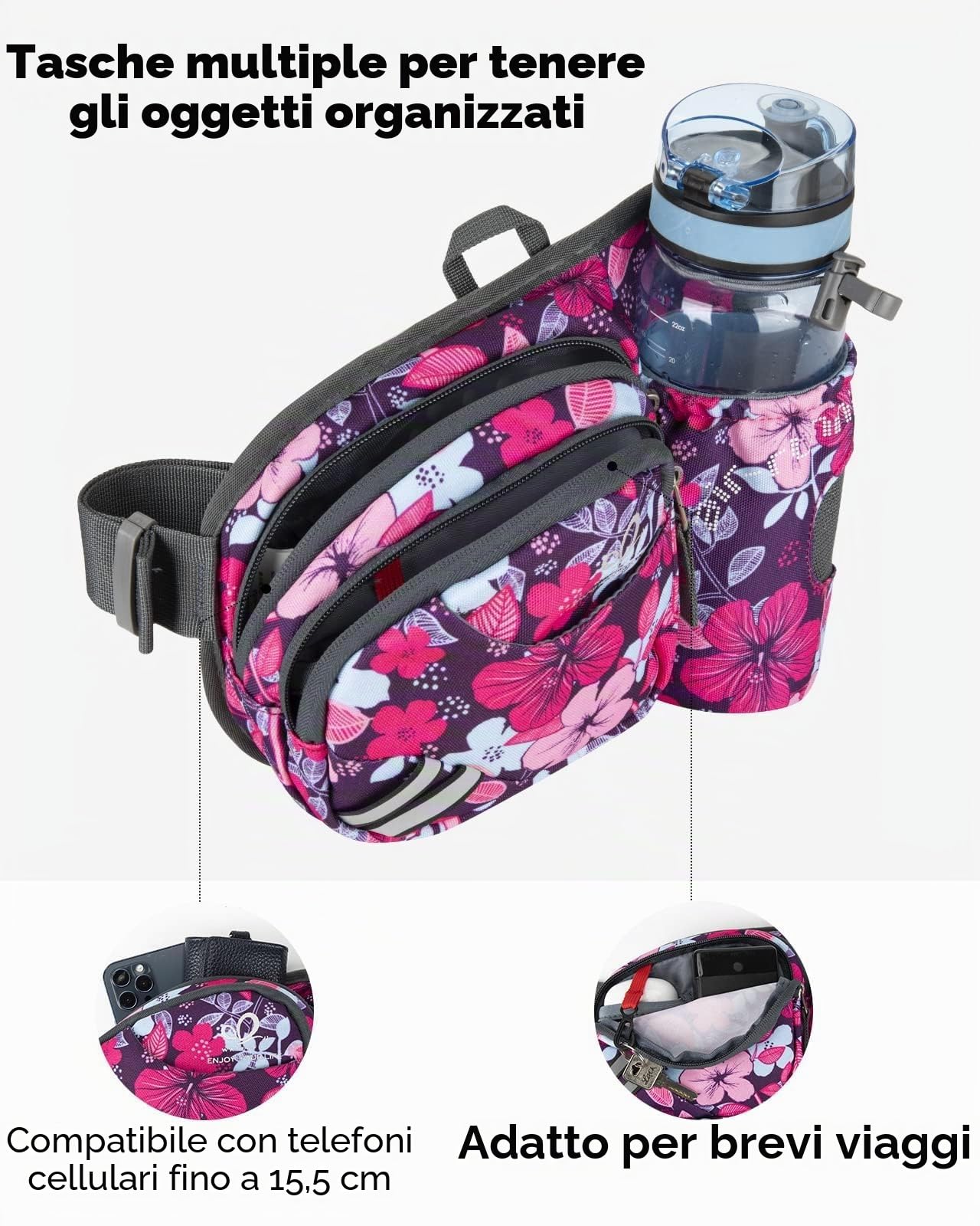 Waterfly Marsupio Trekking con Portaborraccia Marsupio Sportivo Uomo Donna per Escursionismo, Corsa, Ciclismo e Arrampicata (Fiore viola)