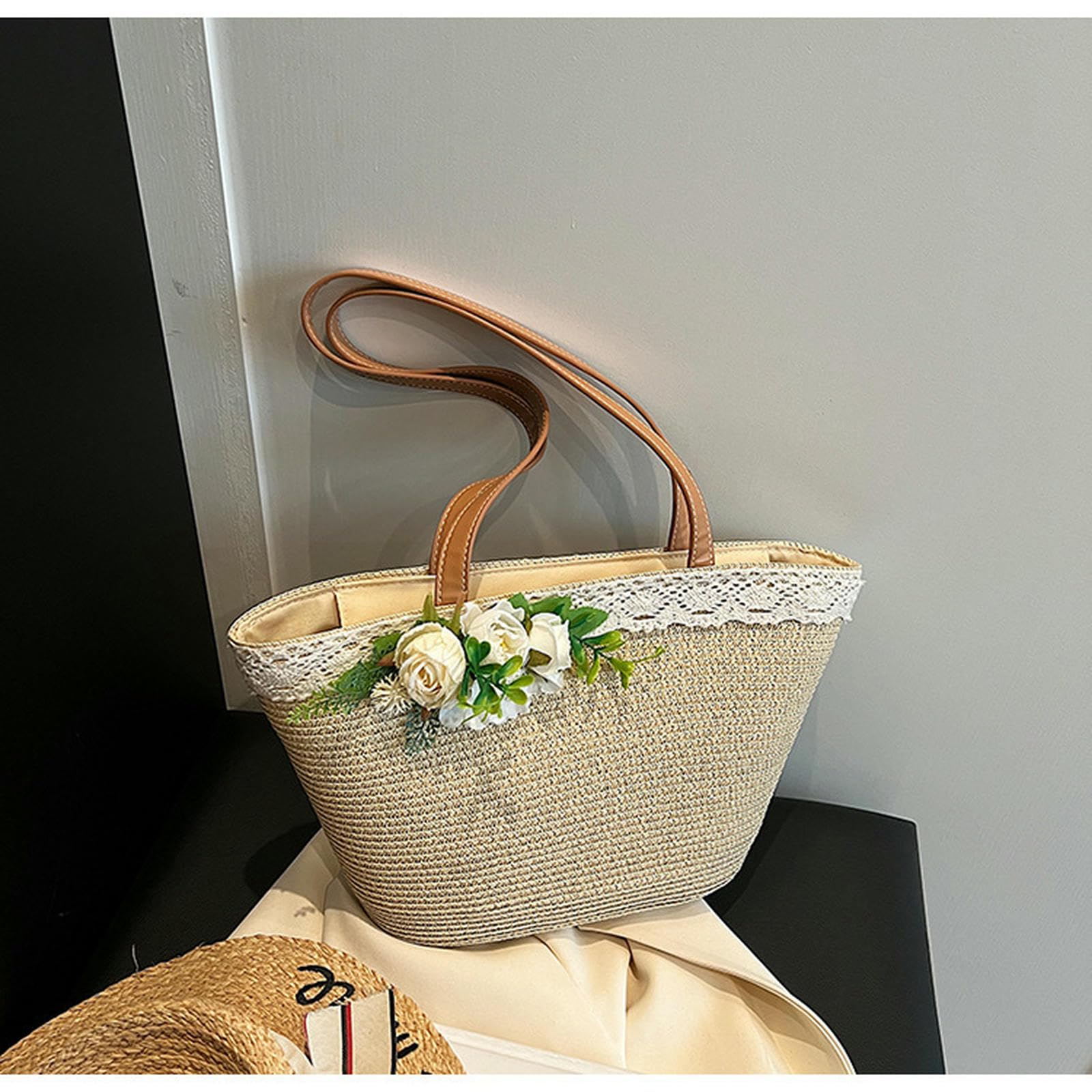 Strohtasche Damen Strohbeutel Frauen Sommerstrandtasche Große Kapazität Strohtasche Mit Zipper Beach Totes Gewebte Umhängetasche-beige