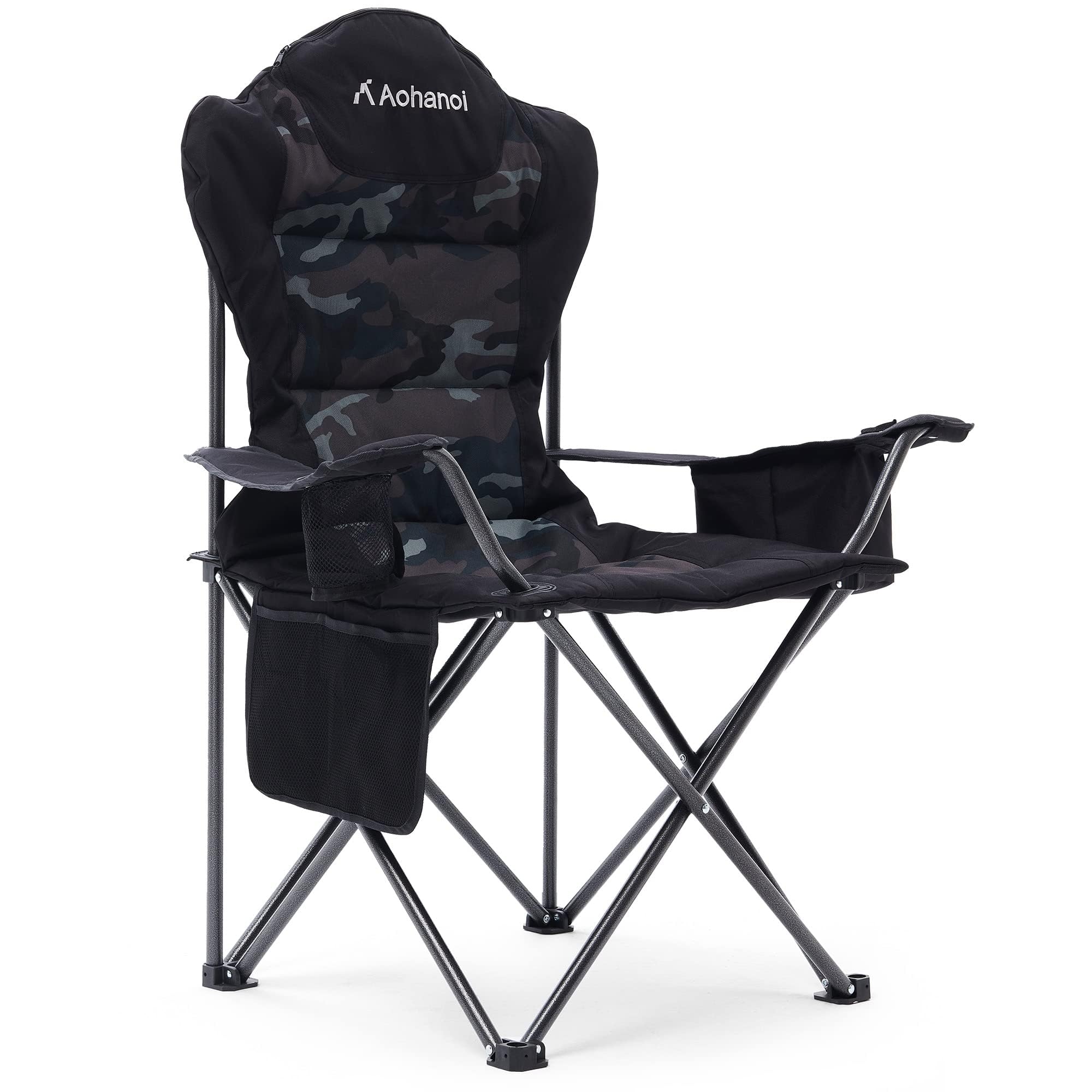 Aohanoi - Sillas de camping para personas pesadas, sillas plegables para exteriores con soporte para tazas y bolsa refrigeradora, sillas de campamento con soporte de hasta 300 libras (1 PC, camuflaje)
