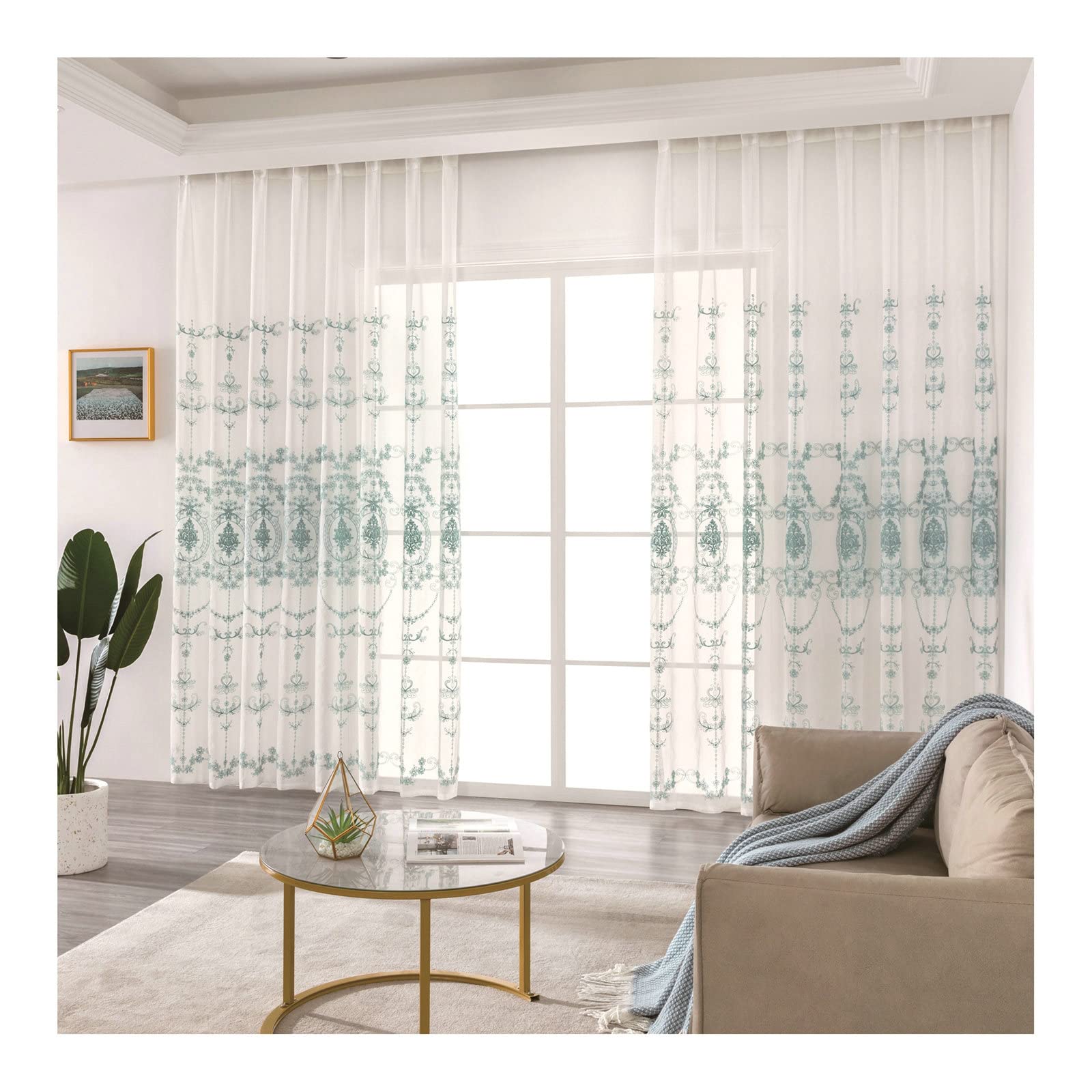 Gualiy Lot de 2 Rideau Salon Fenetre, Rideaux Motif de Broderie Rideau 137 x 214 cm Bleu Lac Rideau pour Salon, Chambre à Coucher