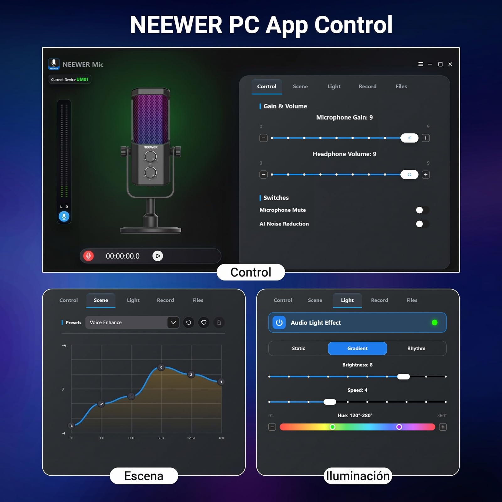 NEEWER UM01 Micrófono USB AI Cancelación Ruido,Mic Condensador Cardioide RGB Plug & Play Mic Mute/Sync Música/APP Control para Android Windows PC Mac PS4/5 Gaming Grabación Streaming Podcasting Studio