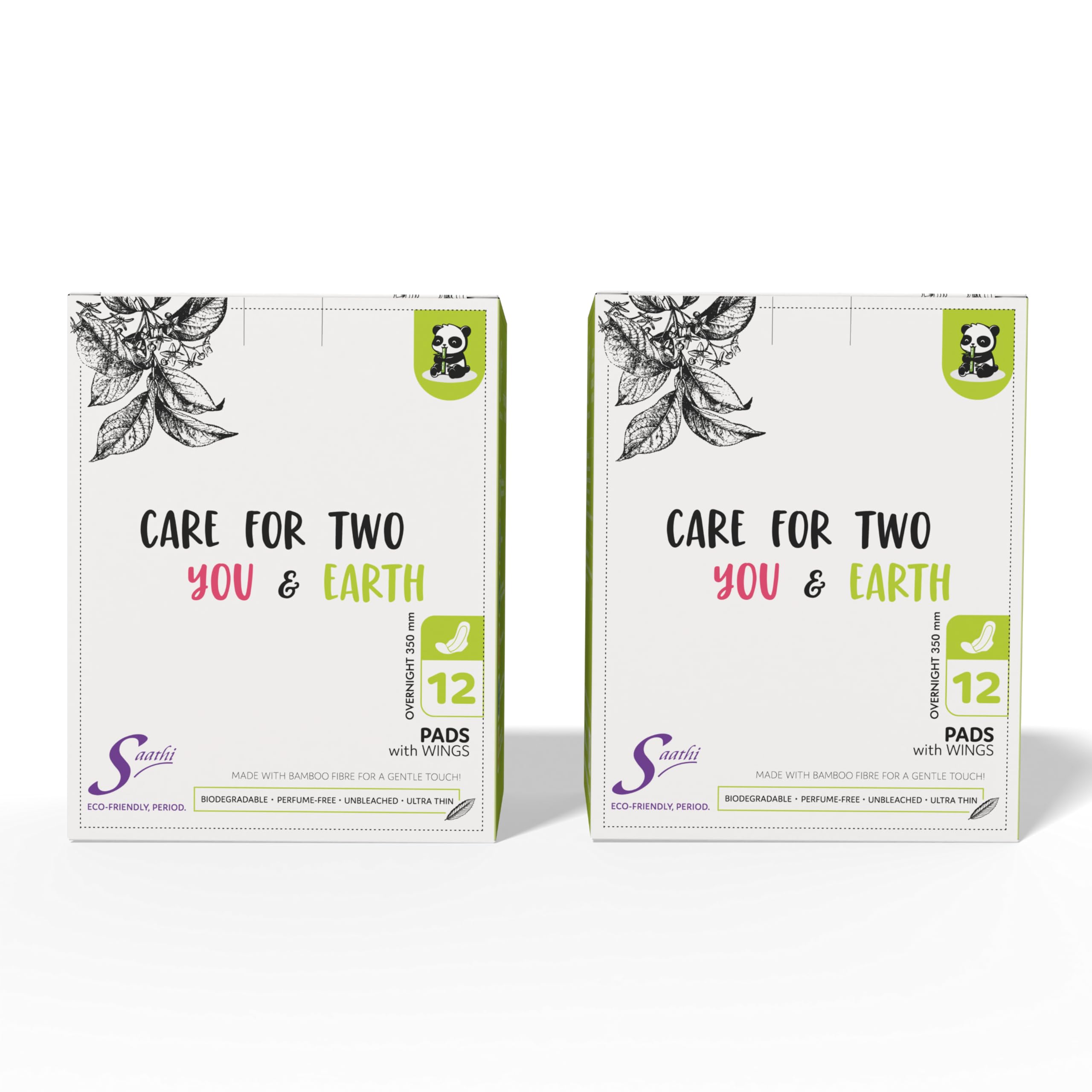 Saathi Bamboo Overnight XXL (350 mm) Biodegradable Sanitary Pads with Wings - 24 Count, Heavy Flow, Unscented, Compostable