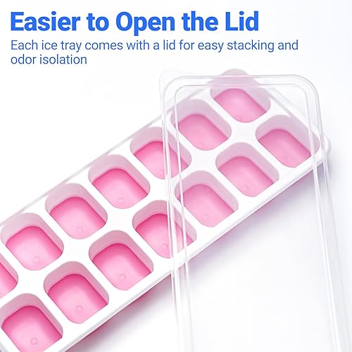 Miniatura 6 de Paquete de 4 bandejas para cubitos de hielo, moldes de silicona para cubitos de hielo con tapa extraíble, juego de bandejas de hielo flexibles de 14