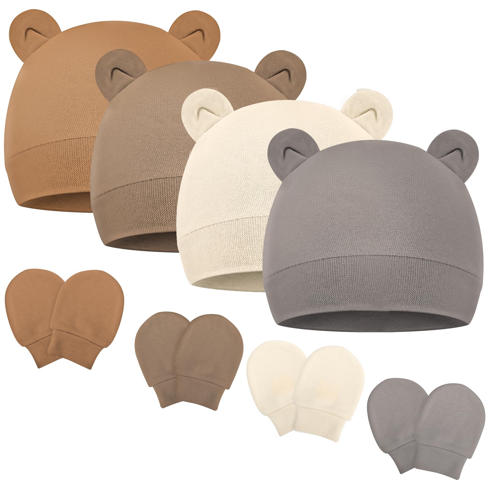 Newborn Baby Hats and Mittens Set Bear Ear Baby Beanie No Scratch Cotton Infant Caps Gloves Newborn Hats for Boys Girls - Milky Tea/Caramel/Khaki/Apricot Color