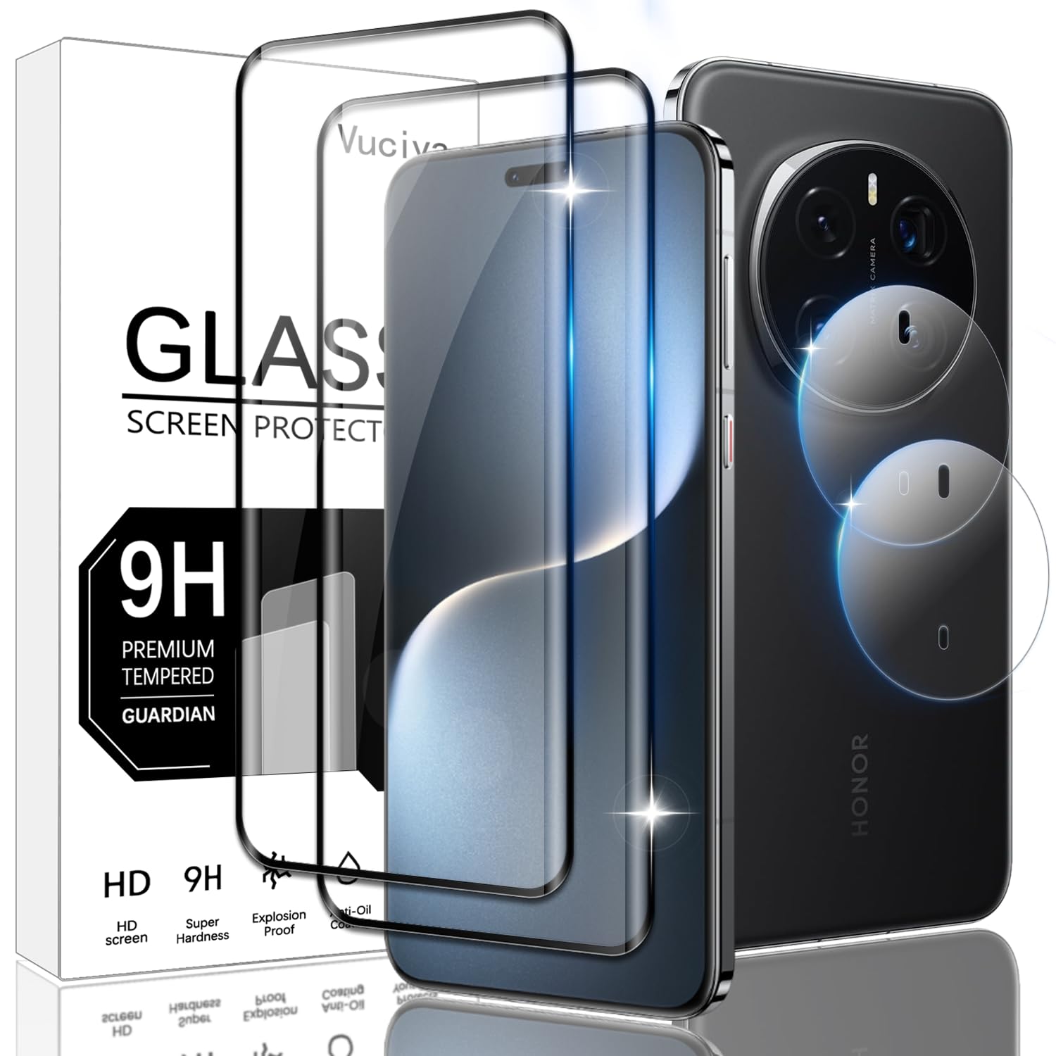Vuciya 2 Pack Screen Protector for Honor Magic7 Pro, 9H Hardness Tempered Glass,2 X Camera Lens Protector,9H Hardness Anti-Scratch HD Clear Bubble Free Compatible with Honor Magic7 Pro