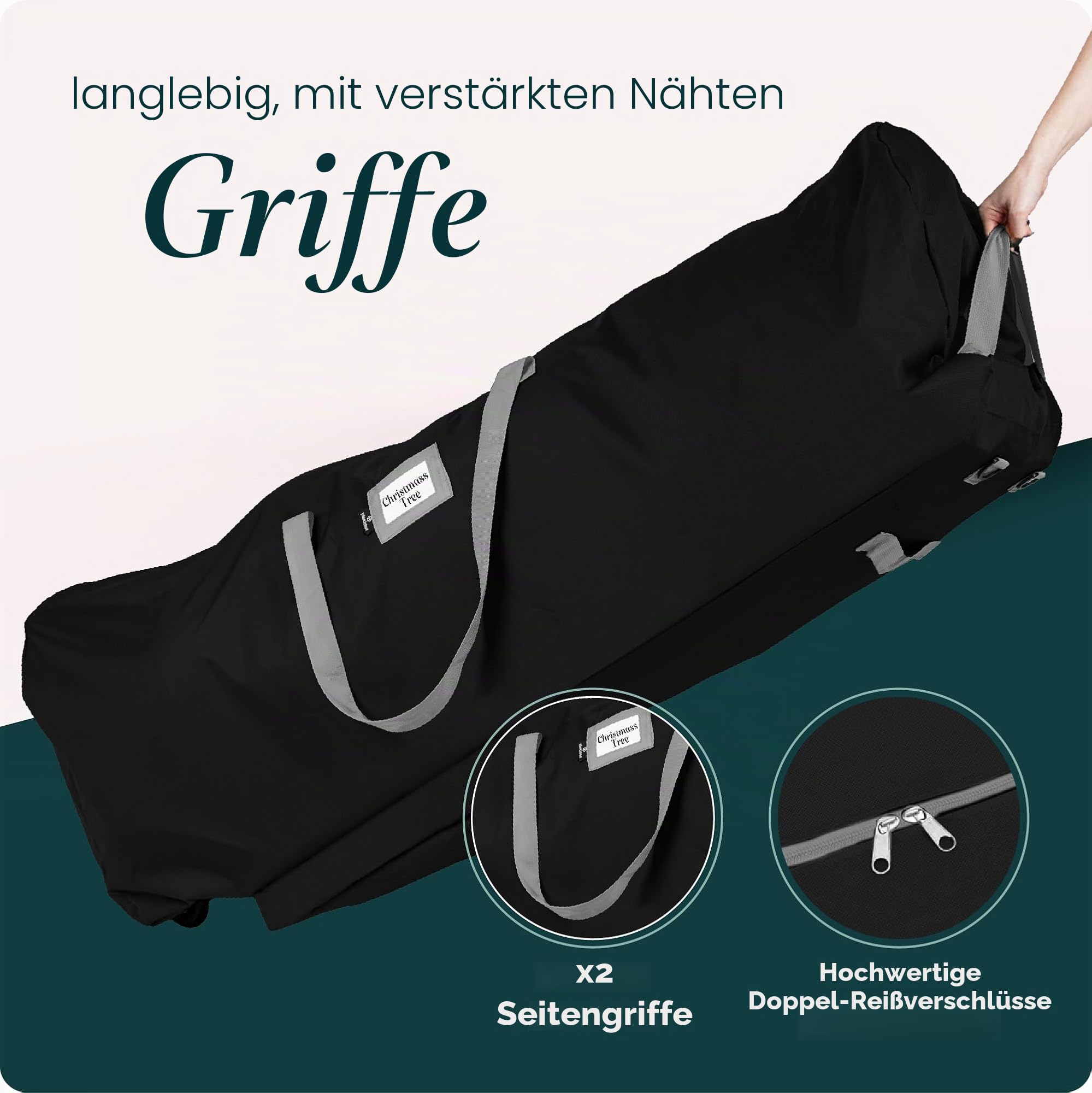 Handy Laundry Aufbewahrungstasche mit Rollen für Weihnachtsbäume – für künstliche Weihnachtsbäume bis 275 cm Reißverschlusstasche, Tragegriffe und Rollen für einfachen Transport. Schützt vor Staub