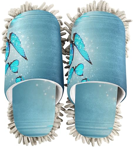 Blue Magic Butterfly Mop Slippers Shoes Cover for Floor Cleaning Washable Dirty Hair Dust Cleaners Microfiber Mop Socks for Kitchen Office House