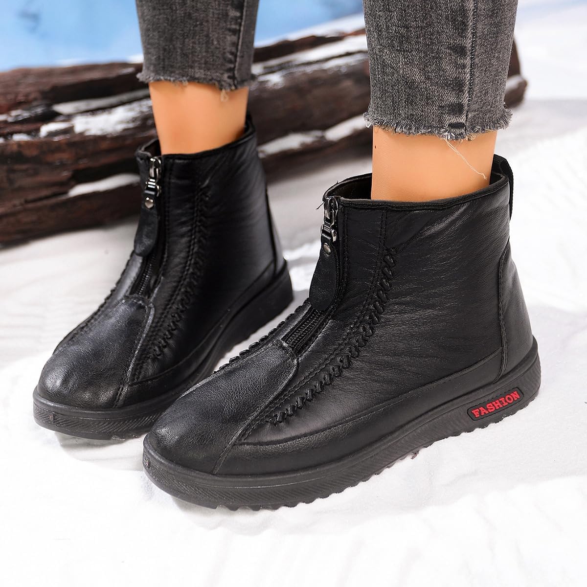 Women's Winter New Fleece Thickened Warm Soft Bottom Cotton Boots Waterproof Slip-on Snow Shoes Leather Ankle Booties