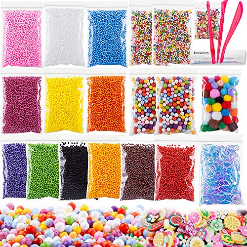 Foam Beads for DIY Craft, Slime Beads 19 Packs Approx 61,100 PCS, Styrofoam with Pom Poms Balls, Loom Bands and Fruits Pieces for Soft Toys Clay, Homemade Crunchy Slime and DIY Nail Art