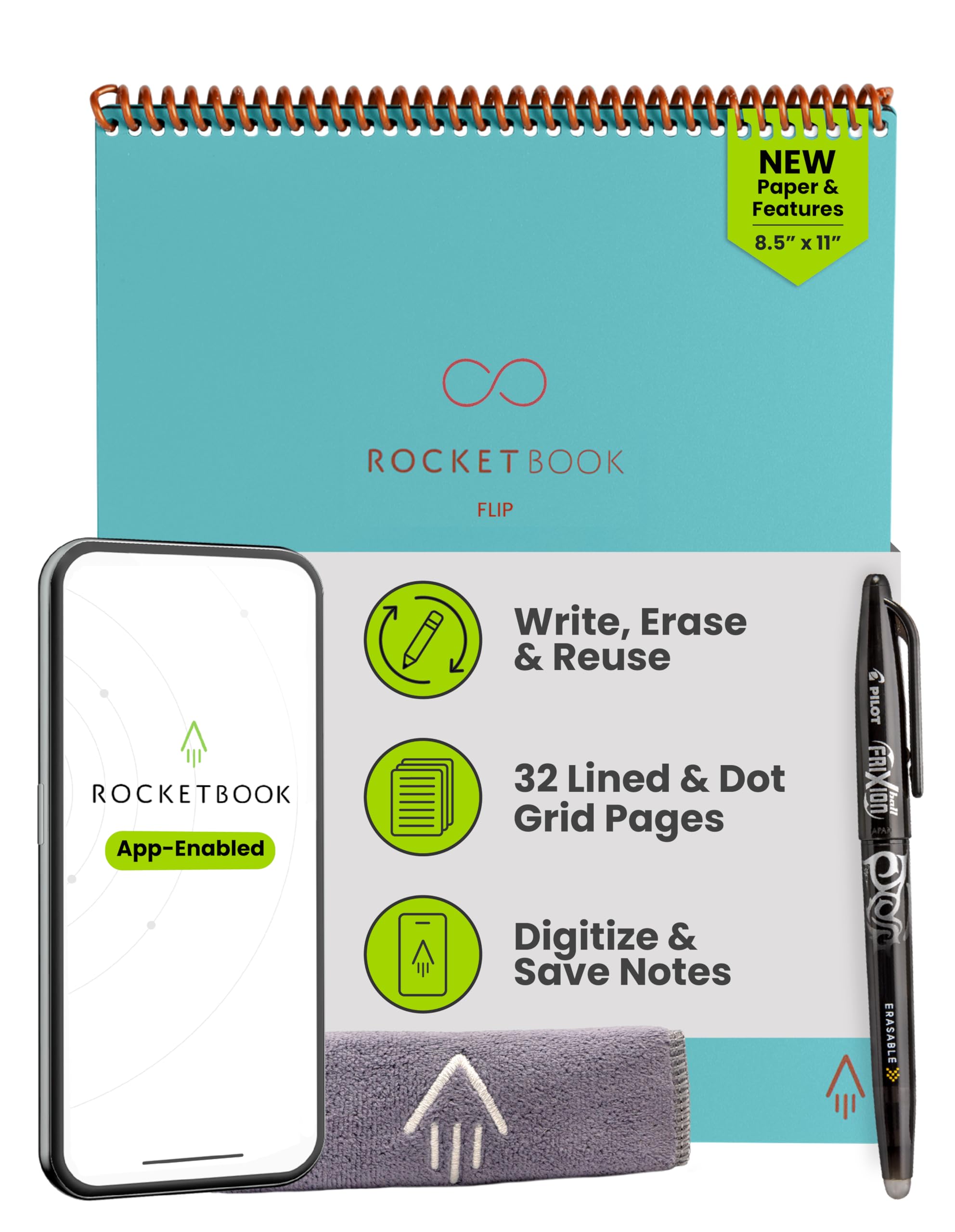Rocketbook Flip Carnet intelligent réutilisable format lettre 21,6 x 27,9 cm bleu sarcelle