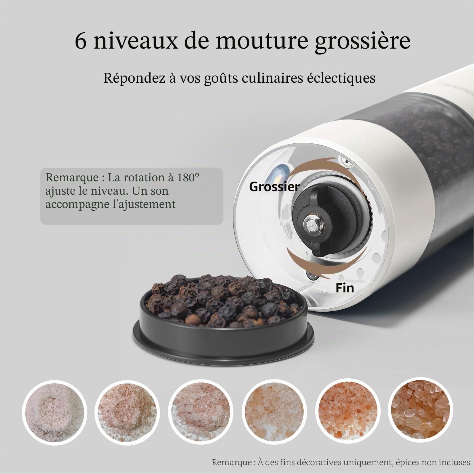 TLYSXPRO Moulin à poivre électrique, rechargeable par USB, moulin à sel et poivre automatique, avec réglage de la grosseur, lumière LED, rechargeable, accessoire de cuisine (1 pièce, Blanc)