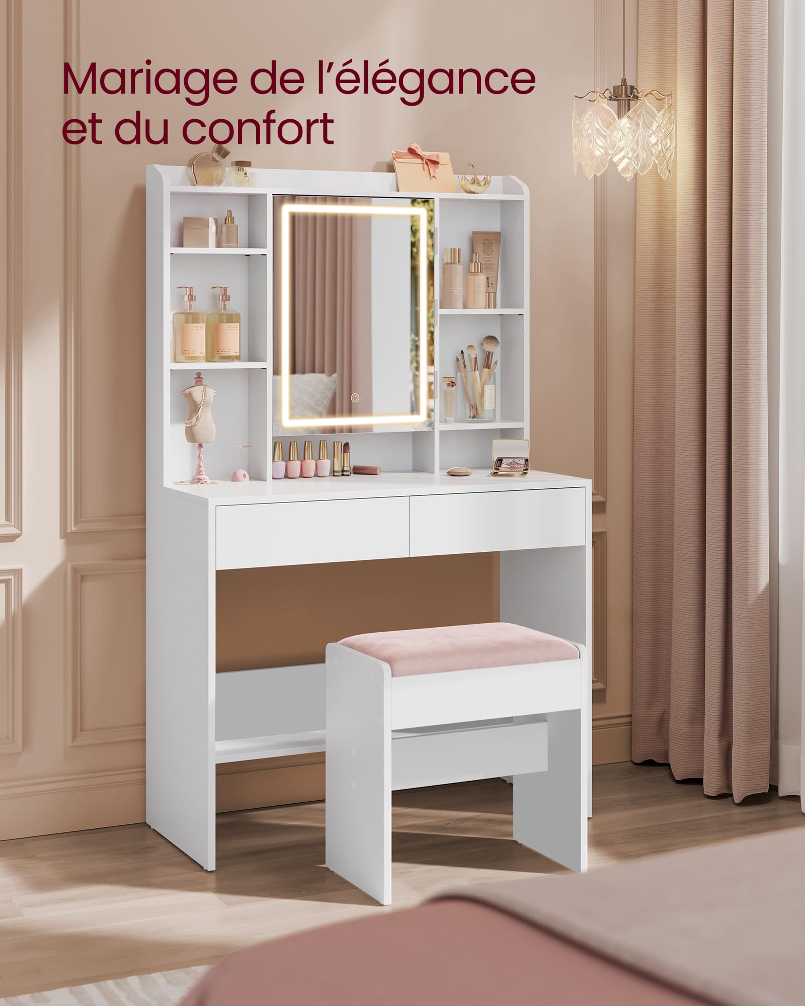 VASAGLE Kailyn Collection - Tabouret de Coiffeuse, Chaise Rembourrée de Maquillage, Repos-Pieds, en Velours, Patins Antidérapants, pour Chambre, Dressing, Entrée, Blanc Mat et Rose Bonbon RDS001W01