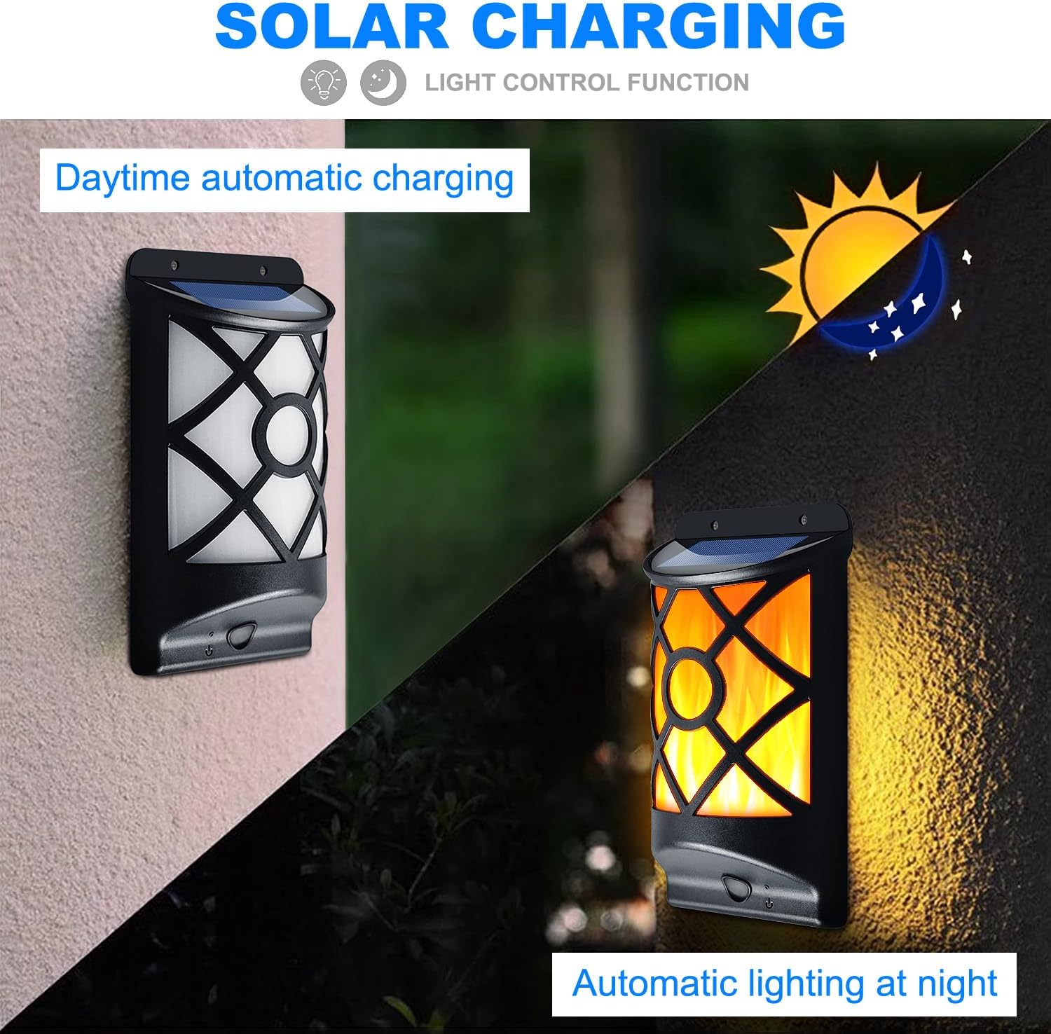 Solar Flame Lights Outdoor - Waterproof Wall Lanterns with Realistic 3D Flickering Flames, 66 Ultra Bright LED Fire Effect Light - Garden Decor for Patio, Fence, Deck - Auto On/Off (4 Pack)