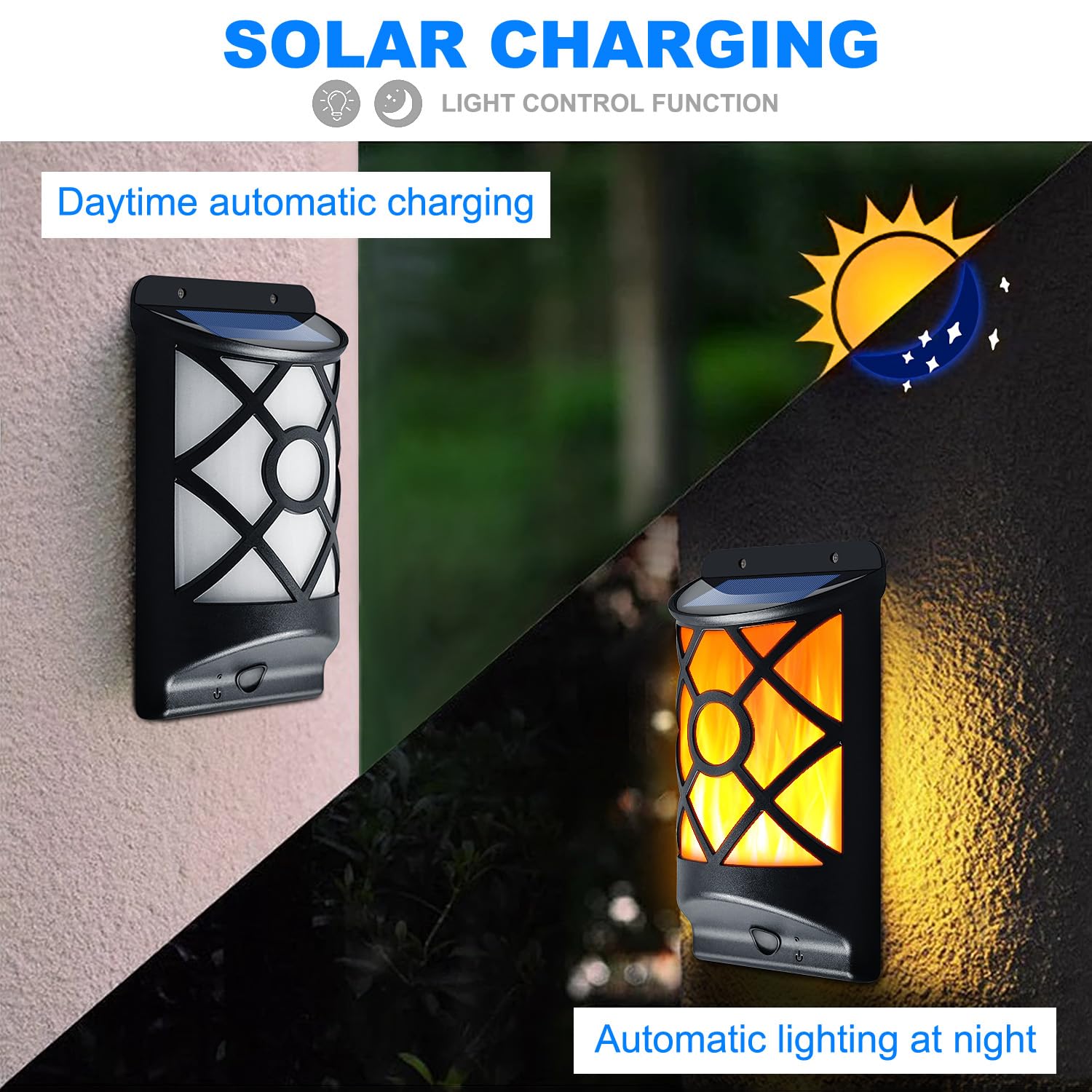Solar-Flammenlichter für den Außenbereich, wasserdichte LED-Wandleuchte mit realistischen 3D-flackernden Flammen, 66 ultrahelle Nachtlicht-Gartendekoration für Terrasse, Zaun, Deck, Hof