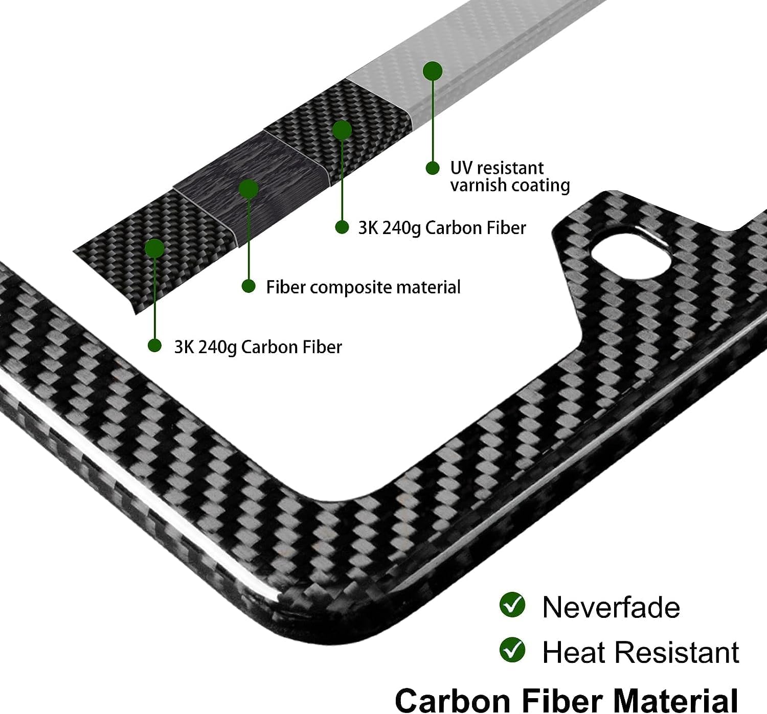 2 Pack Real Carbon Fiber License Plate Frame, Slim Edge License Plate Frames, High Gloss Finish License Plate Holder with Mounting Tools, Car License Plate Cover Fit for US CAN Vehicles 4 Holes