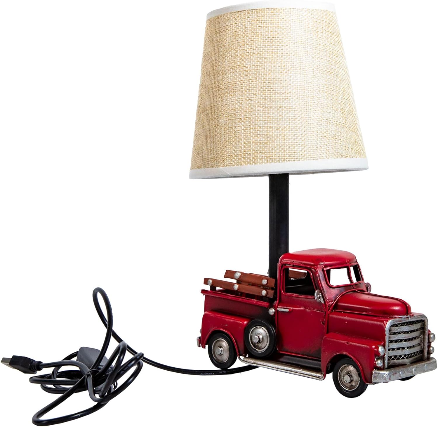 Berfutall-Decorative Rustic Red Vintage Truck USB Table Lamp，Night Light with Burlap Shade, 6.7 x 4.7 x 6.7 inches