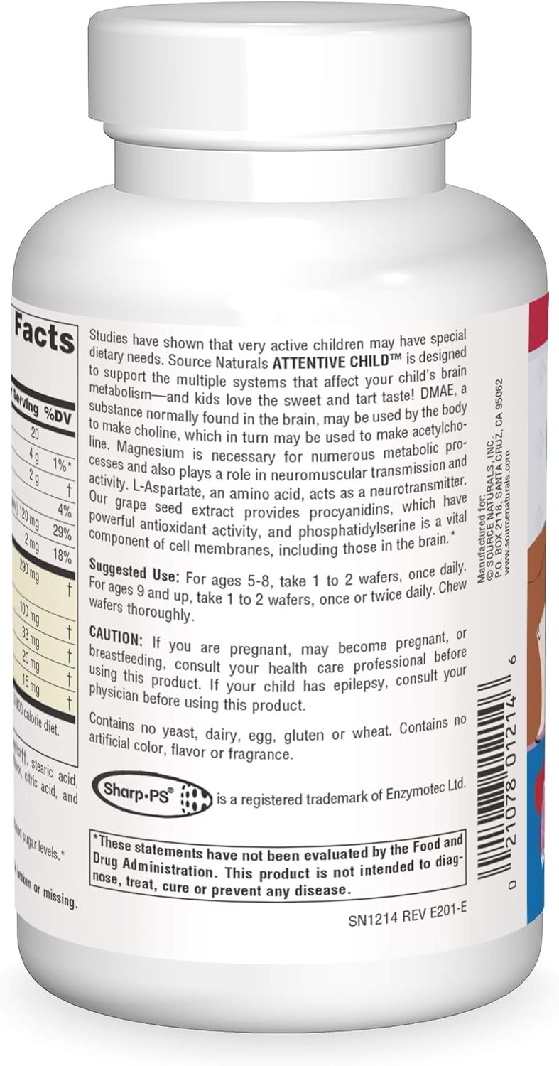 Source Naturals Attentive Child - Healthy Cognitive Nutrients For Active Children - Improved Focus & Attention with DMAE, Magnesium, Zinc & Grape Seed Extract - 60 Chewable Wafers. : Health & Household