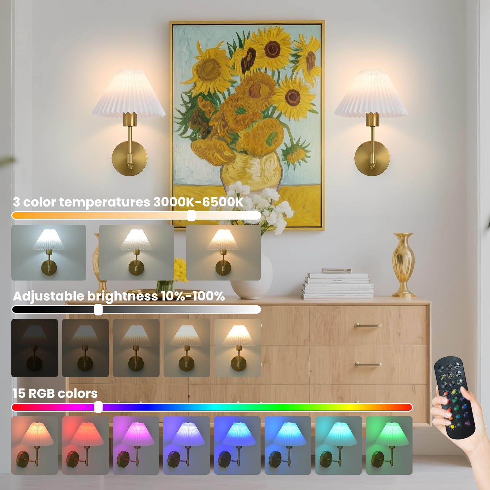 Set Of 2 Rechargeable Wall Sconces – Gold Finish, Battery Operated, Dimmable, Remote & Touch Control, 3 Color Temperatures