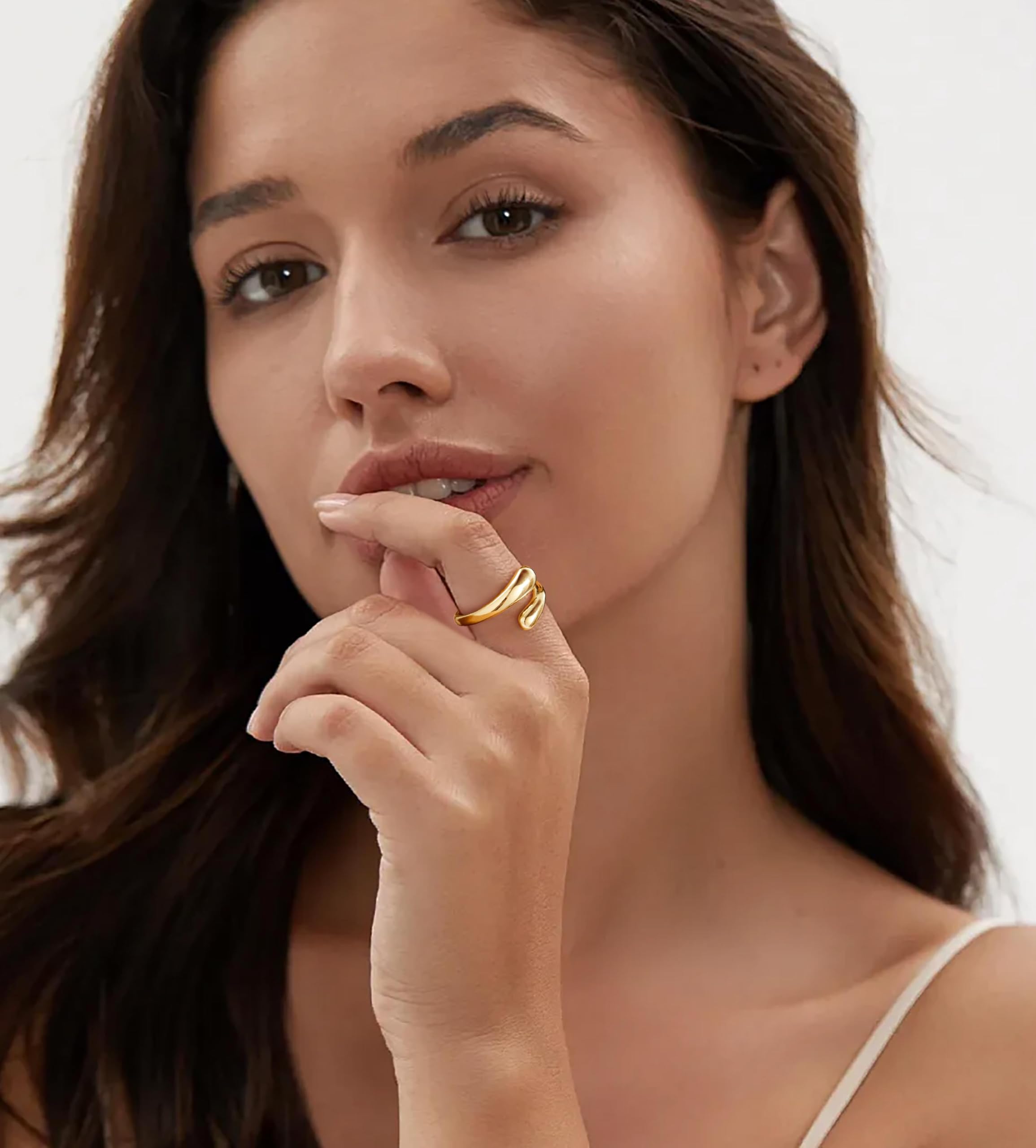 Non Tarnish Gold Chunky Rings for Women, 14K Gold Plated Statement Dome Rings Stacking, Adjustable Mens Silver Eternity Wedding Band Jewelry Size 3-13