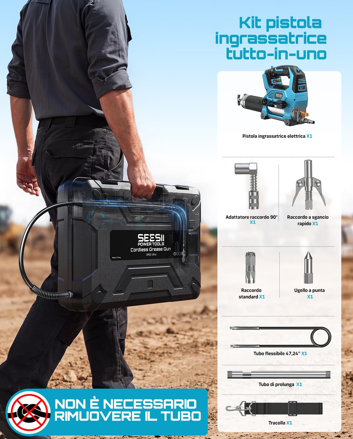 Seesii 12000PSI Ingrassatore a Batteria compatibili Anche con batterie Makita da 18 V (batteria non inclusa), 3 velocità, Motore Brushless, 3 Testina Ingrassatore, Tubo da 1m, per Attrezzature Pesanti