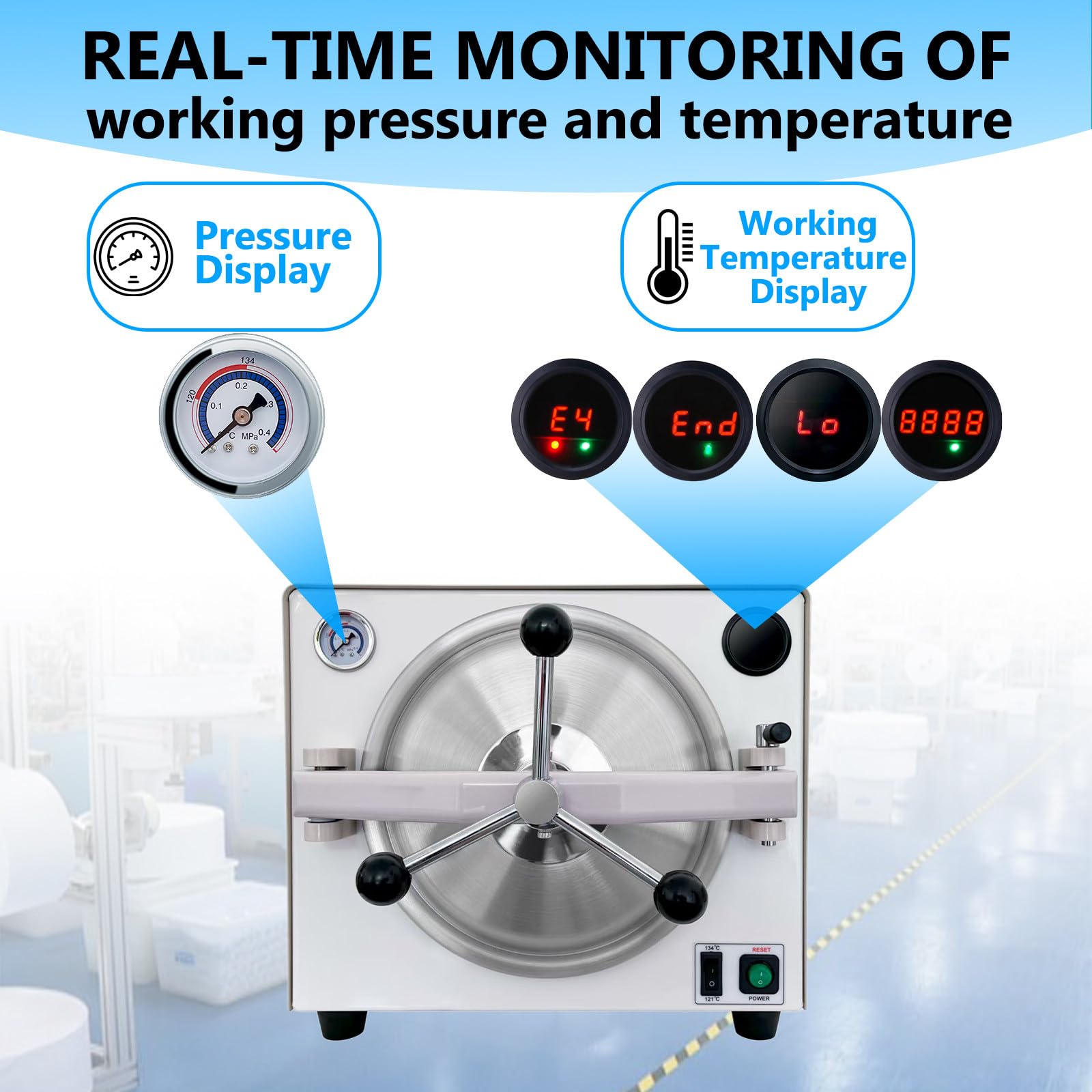 Dental Lab Autoclave Sterilizer, Macchina per Scatola di Vapore Ad Alta Pressione - Rack, Supporto per Vassoi, Tubo di Scarico, per Gli Strumenti Dentali 18L-1000W