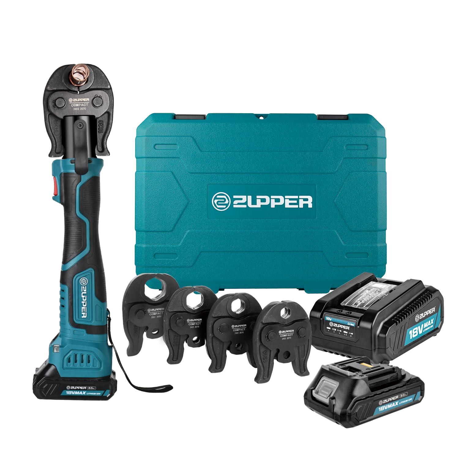 ZUPPER Compact Pro Press Tool kit with 4 Copper Pro Press Jaws 1/2" to 1-1/4", Brushless Motor, 2pcs Battery, Fast Charger & Carrying Case