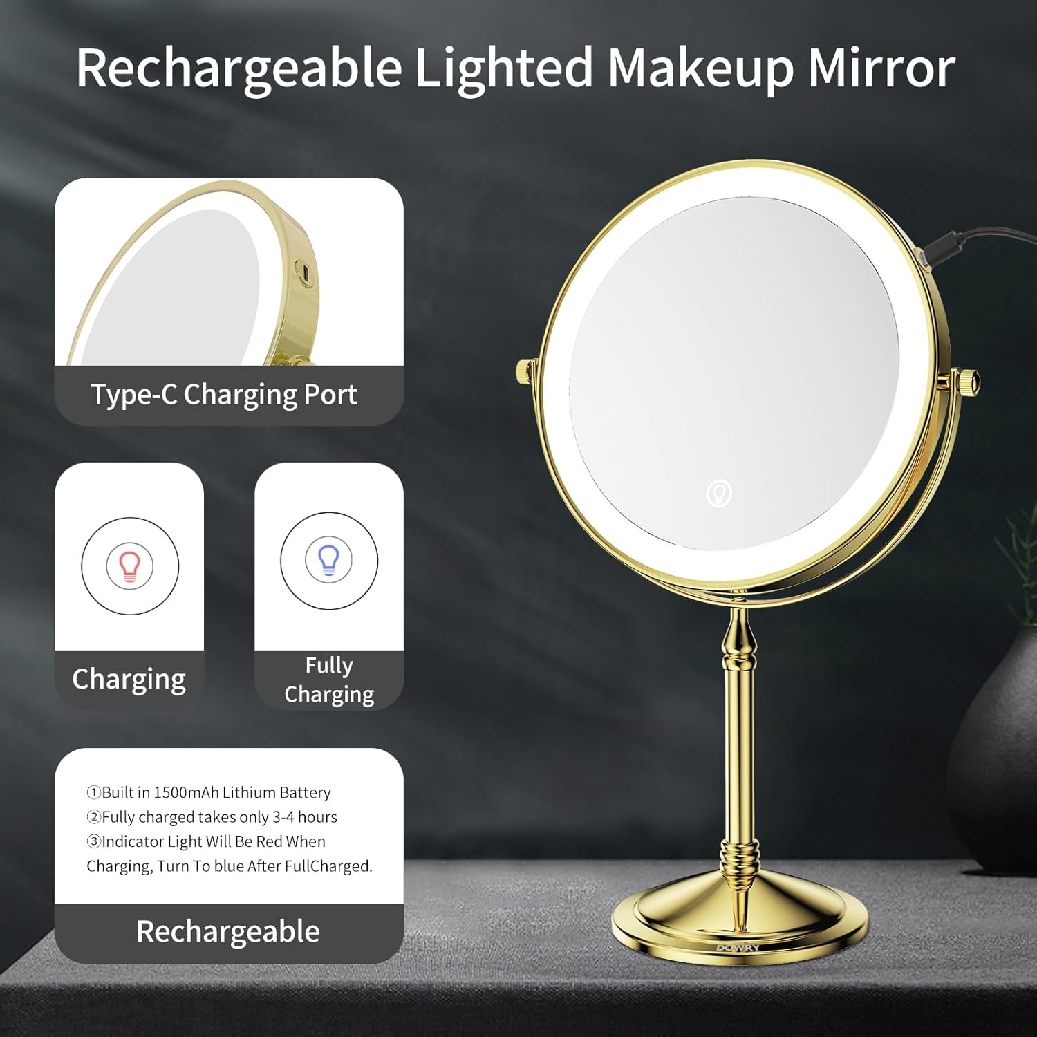 DOWRY 4000 mAh Rechargeable Lighted Makeup Mirror 10x Magnification Vanity Mirror Tabletop Two-Sided Swivel Gifts for Women Wife Mom Teengirls Gold Finish