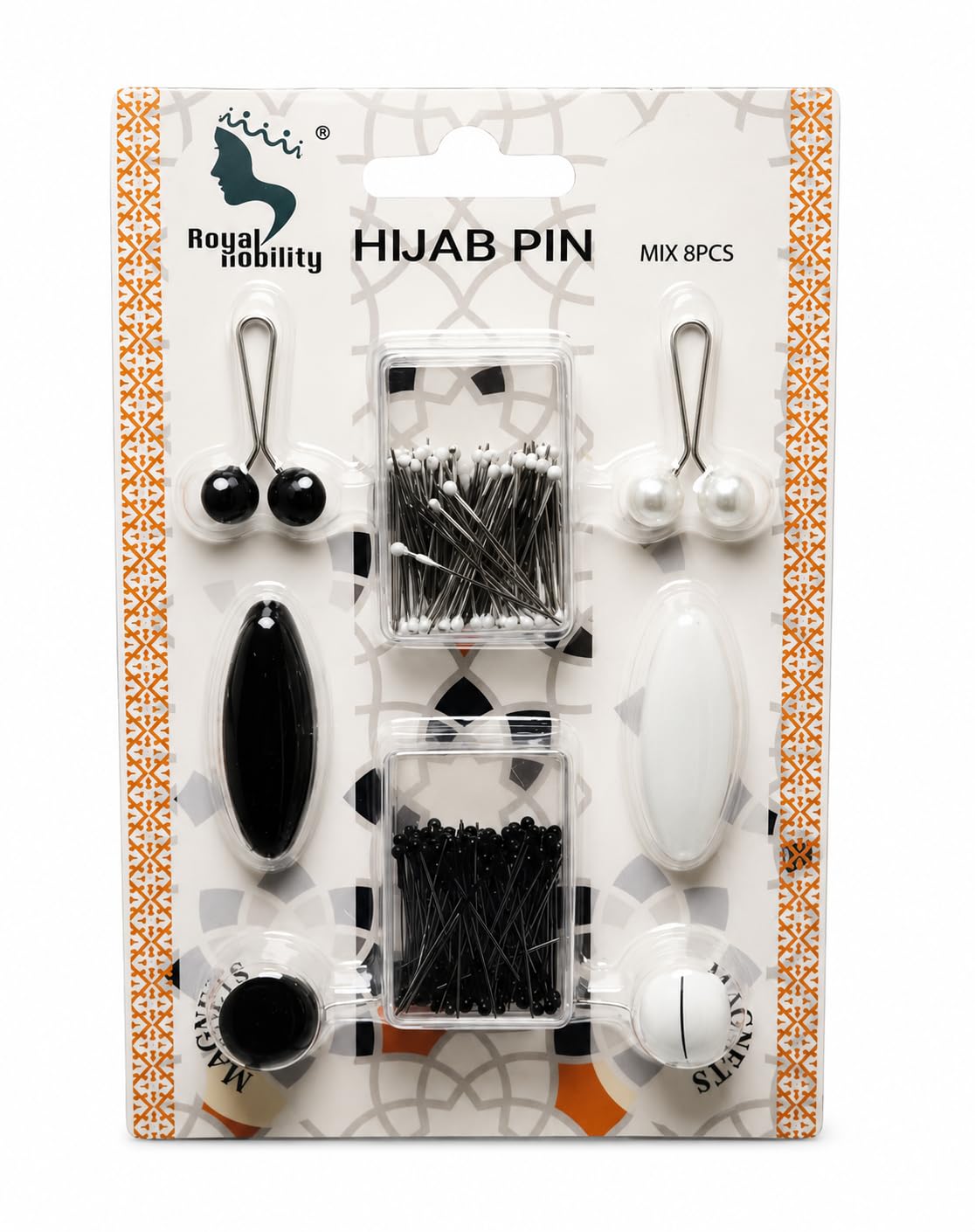 Royal Nobility Premium Hijab Pin Set, Black and White Pearl Designs, 8 Pieces Mix Pack, Stainless Steel Safety Pins for Daily Use-image-33