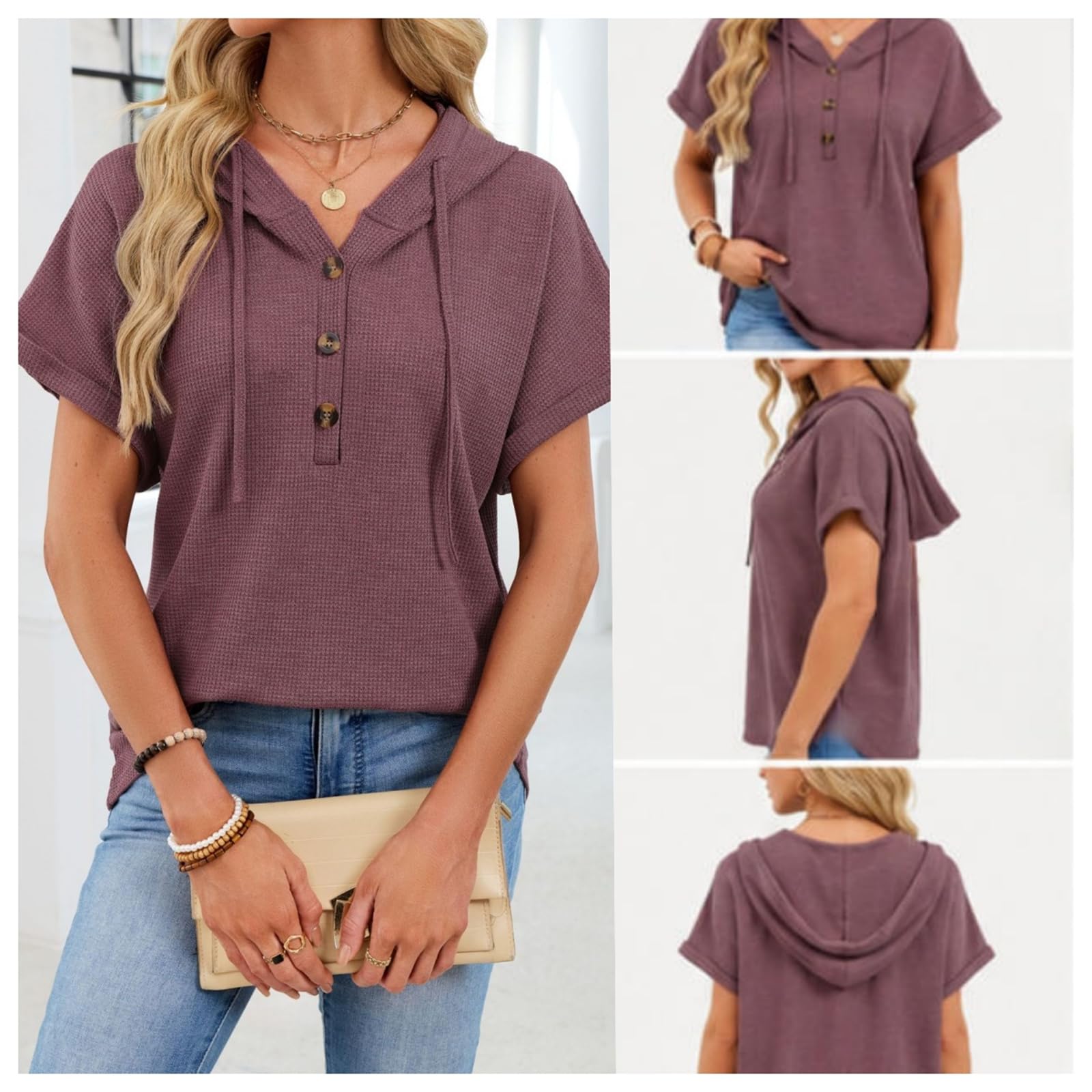 Bluzy z kapturem dla kobiet, oversize, dzianinowa bluza z dekoltem w serek, krótki rękaw, sznurek, guziki, pulower, topy do codziennego noszenia