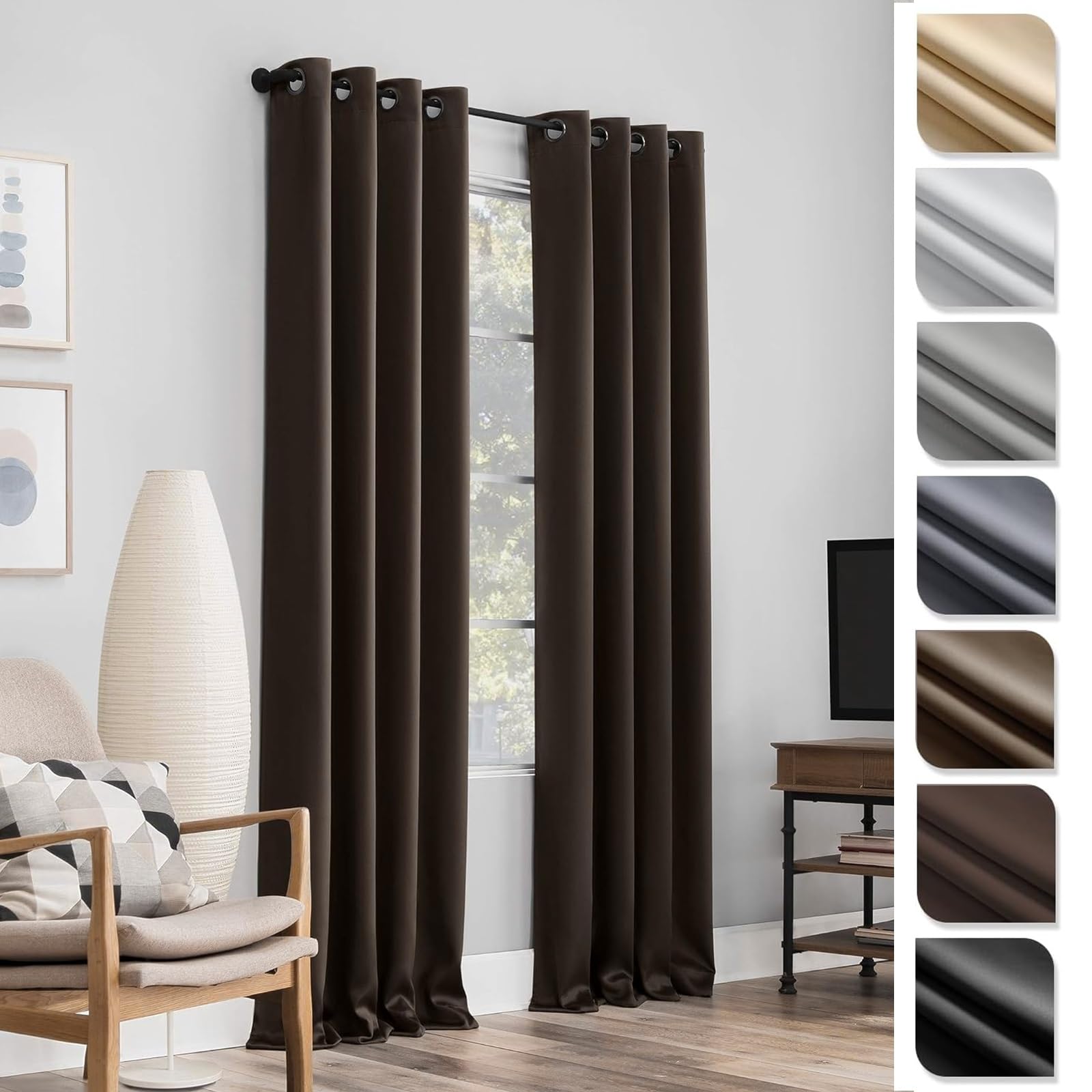 Ösenvorhang 2Er Set Verdunklungsvorhänge 160 x 180 cm Knitterfrei Pflegeleicht, Verdunklungsvorhänge Gardinen mit Ösen, mit Raffhalter für Schlafzimmer Wohnzimmer, Braun