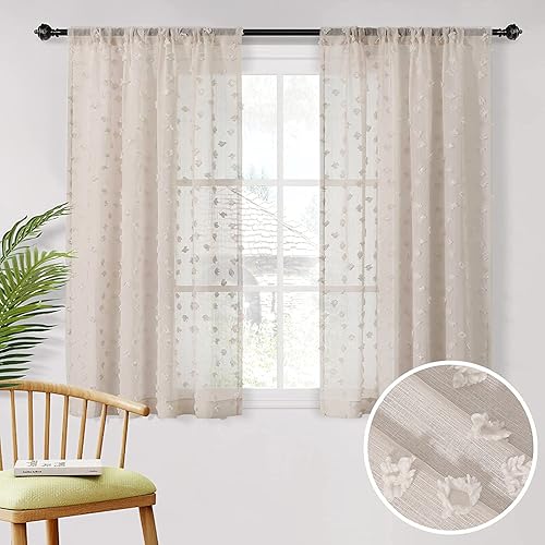 Miniatura 10 de MYSKY HOME Cortinas pequeñas para ventana de baño o cocina, 45 pulgadas de largo, cortinas traslúcidas con pompones rosas y bolsillo para cortinero,
