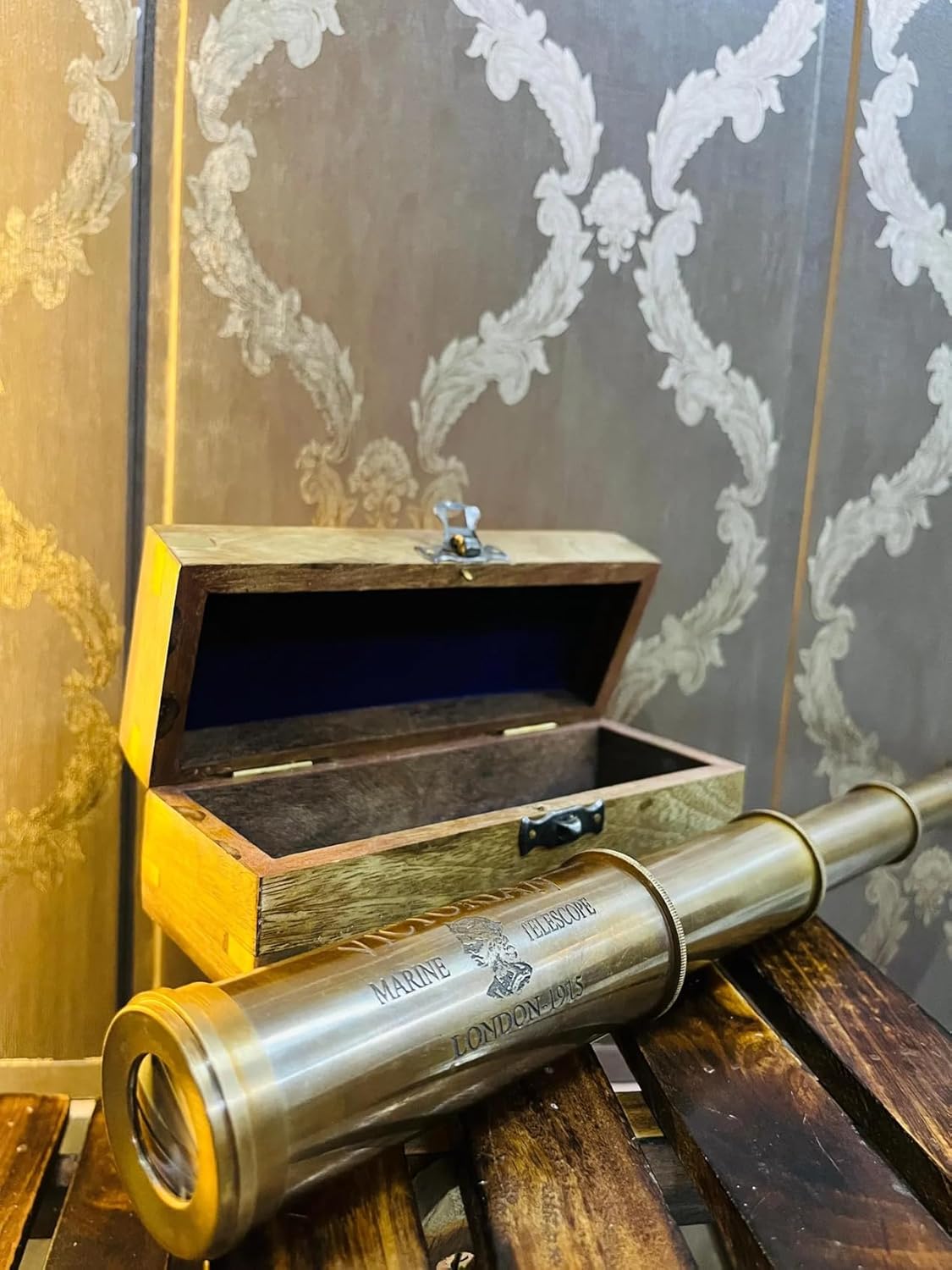 Vintage Marine London Brass Telescope with Wooden Box, Spyglass, 16.5 Inch Length, 1.5 Inch Diameter, Nautical Decor