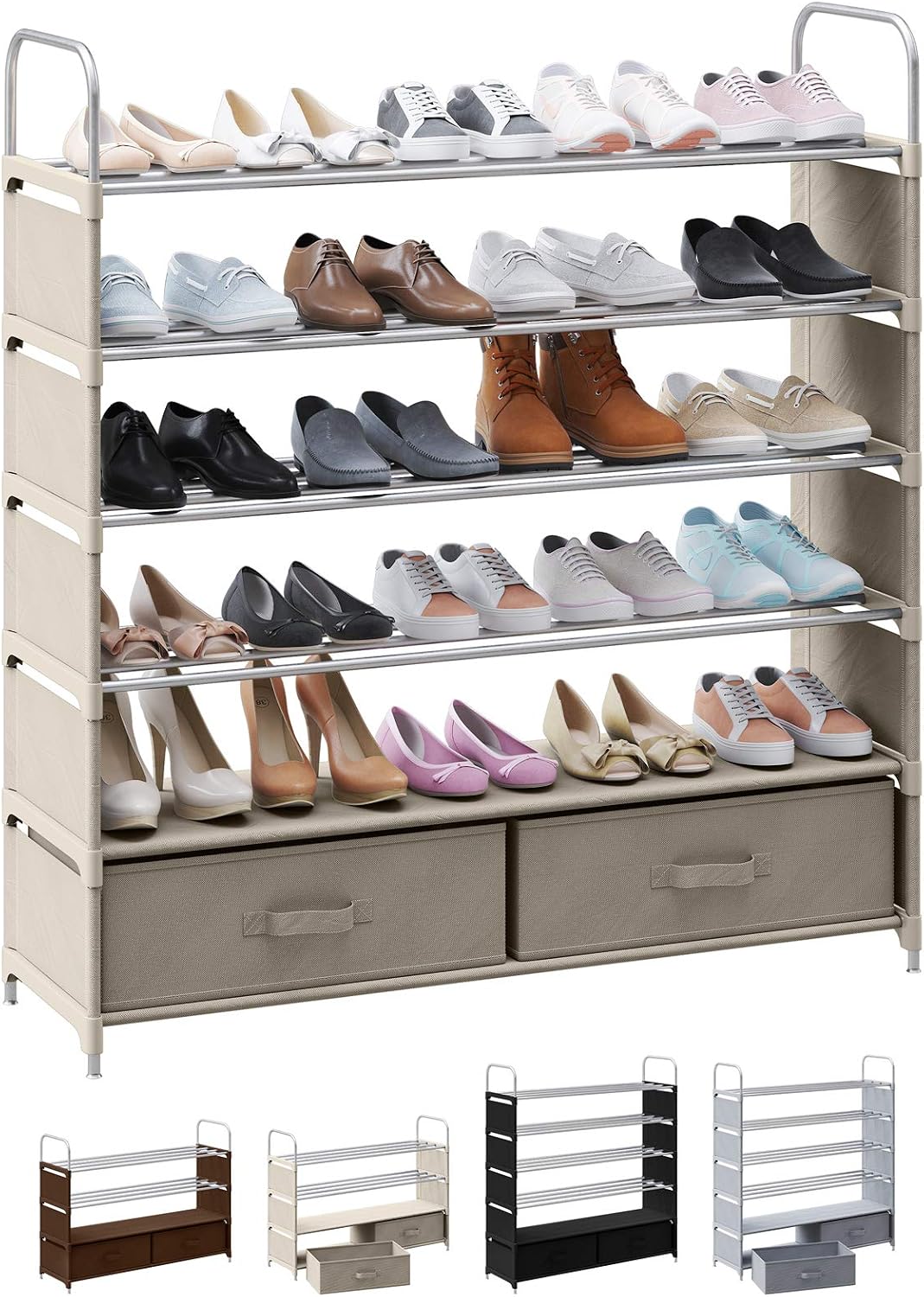 6 Tier Shoe Rack With 2 Storage Bins | Stackable, Metal, Closet Shoe Organizer | Shoe Shelf Cabinet | Organizador De Zapatos | Shoe Rack For Closets, Entryway, Living Room And Bedroom (Beige)