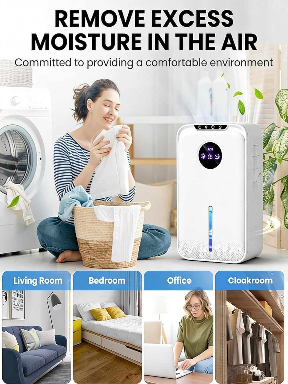 Deumidificatore (2,50 ml) per la casa, piccolo deumidificatore con timer per tubo di scarico (8-12-24 H) ultra silenzioso con modalità sleep spegnimento automatico per camera da letto, bagno, cantina