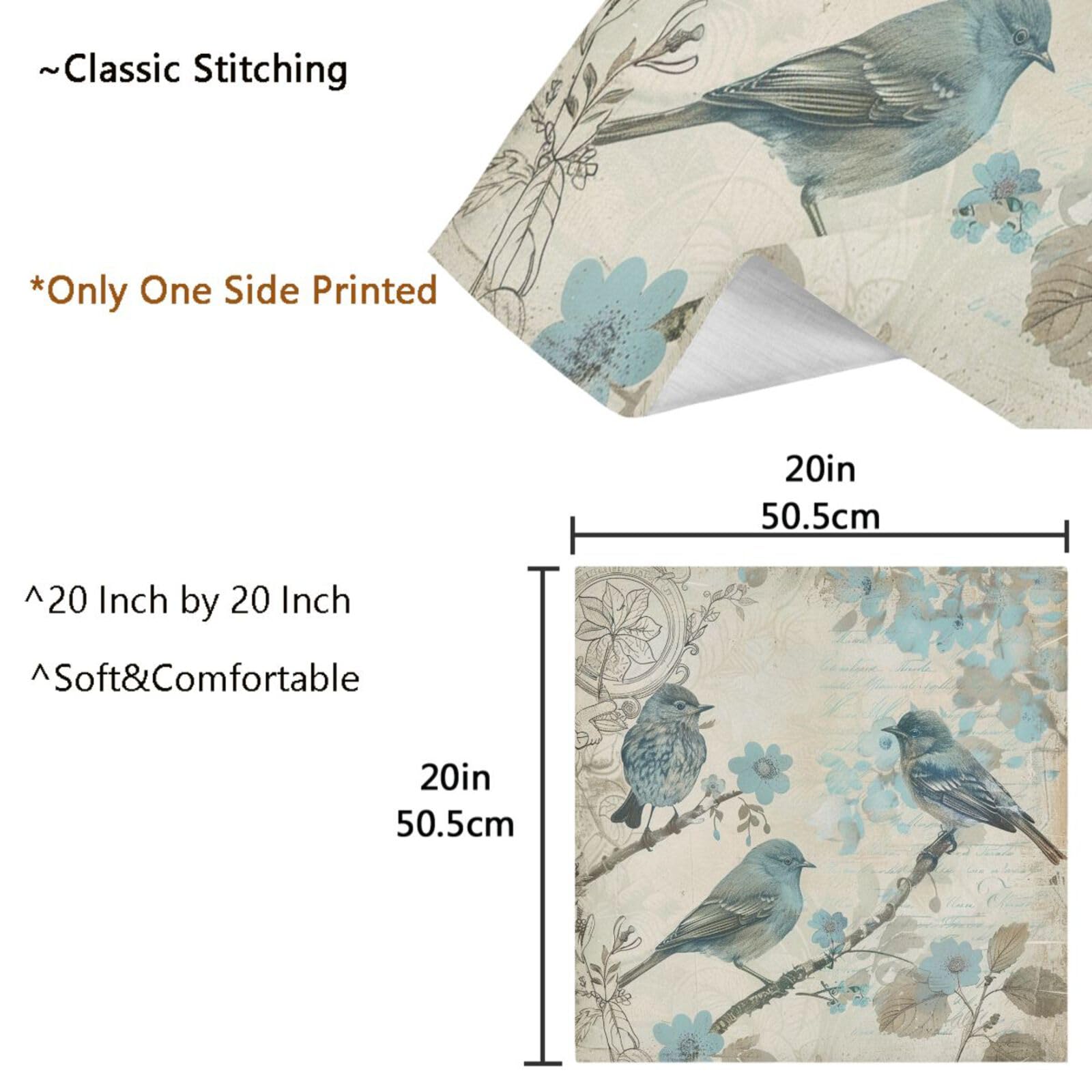 ZzWwR Luxuriant Table Cloth Napkins Set of 4, Vintage Style Blue Birds Flowers 20 x 20 Inch Soft Dinner Napkins Decor for Family, House, Festival,Restaurant, Weddings, Parties