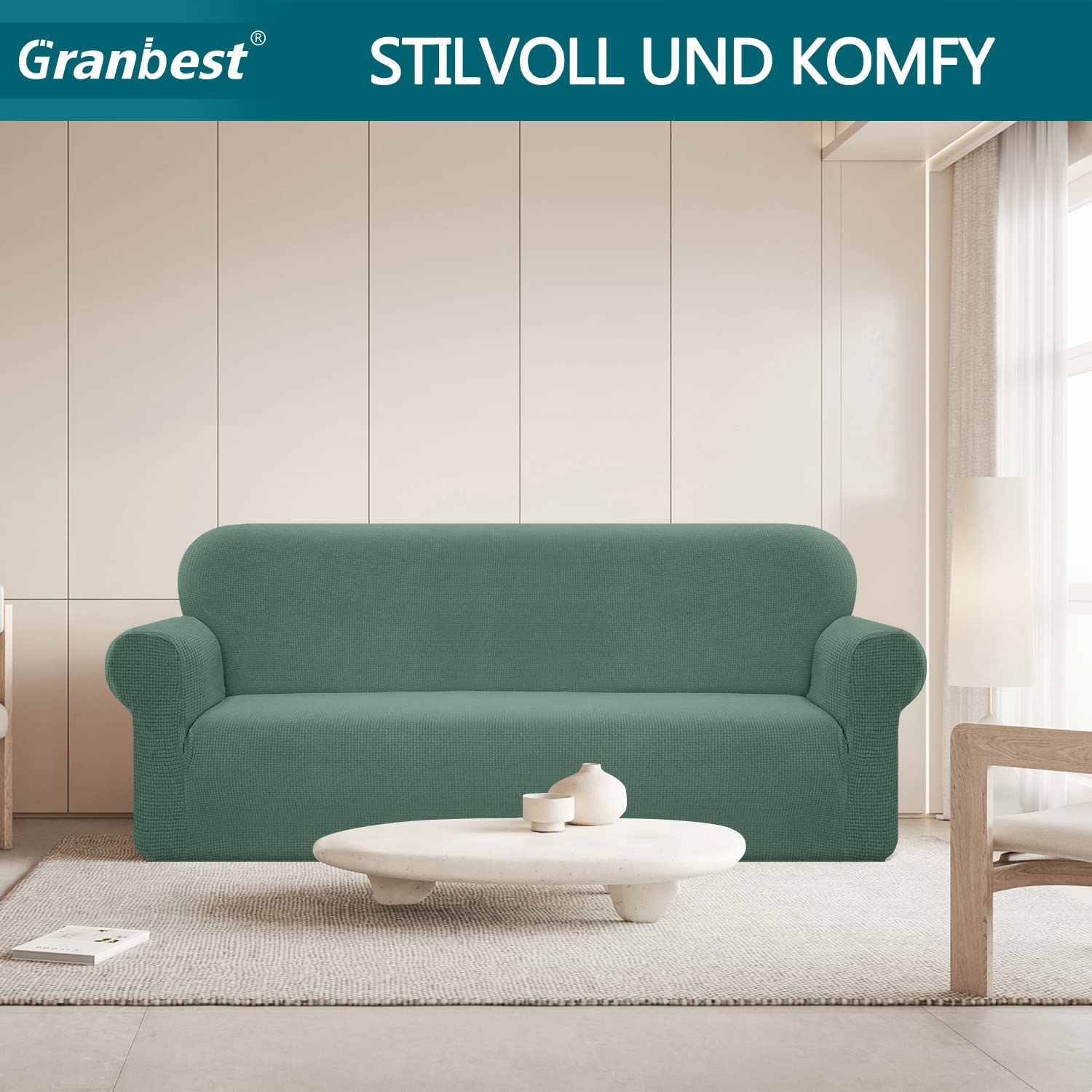 Granbest Copridivano elasticizzato, impermeabile, 1 pezzo, in spandex, jacquard, con gommapiuma antiscivolo (4 posti, salvia)