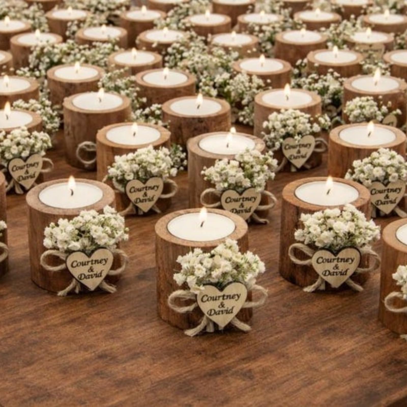 Personalisierte Kerzen, Hochzeitsgeschenke für Gäste, rustikales Holz-Teelichthalter-Set mit Namen und Datum, Dankeschön, Babyparty/Brautparty, Gastgeschenke für Gäste (50 Stück)