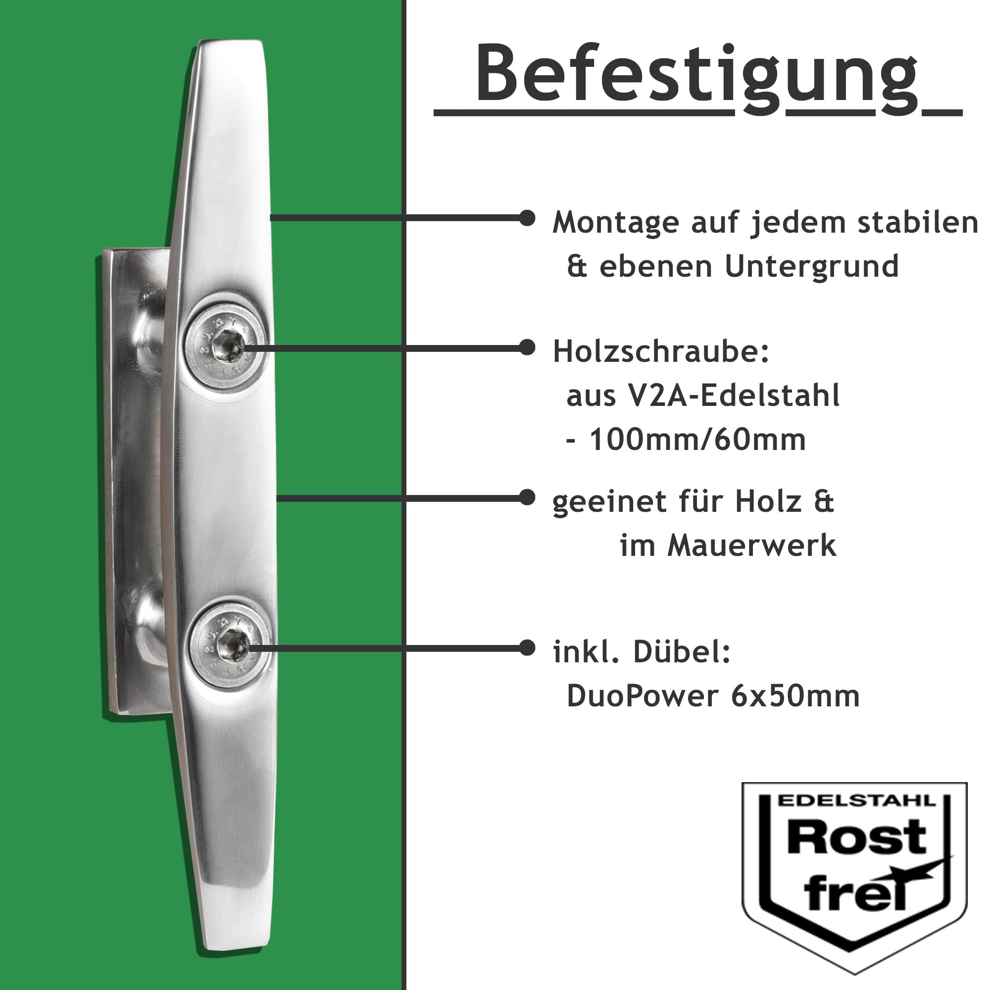 Klampe 150mm aus Edelstahl rostfrei V4A inkl. Befestigung | Belegklampe für Sonnensegel und Boote Zubehör | salzwasserbeständig & hochglanzpoliert