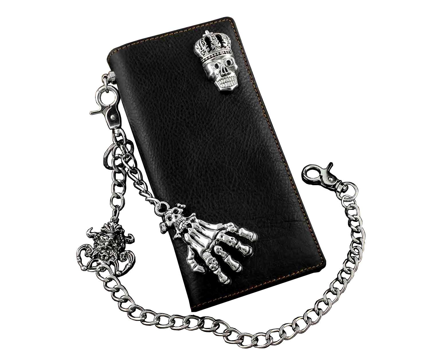 Skull Biker Punk Mens Leather Long Wallet with Jeans Key Chain
