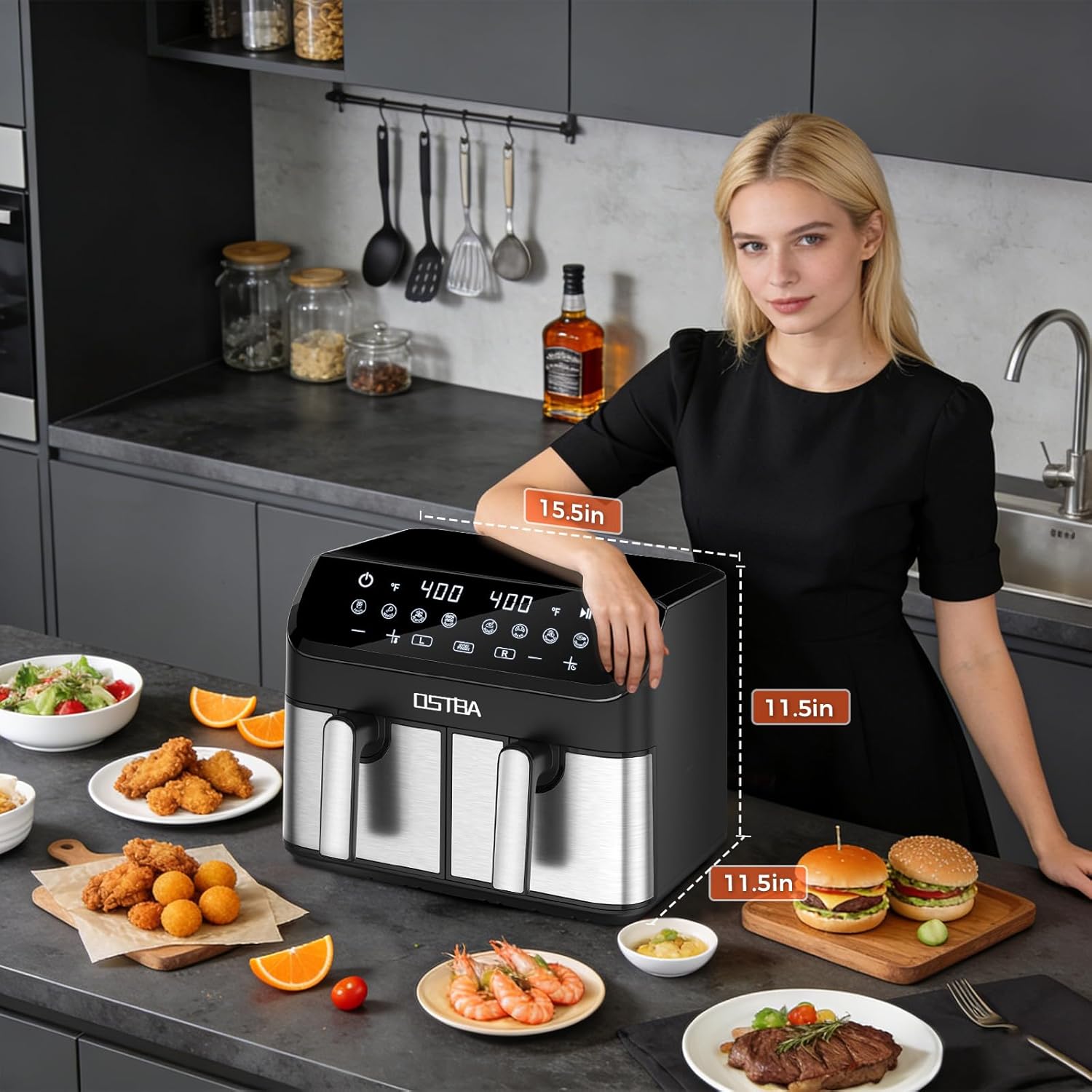 OSTBA 9.5QT Double Air Fryer, 1700W Dual Air Fryer with 2 Independent 4.25QT Stainless Steel Baskets, Digital Touchscreen, Sync Finish, 8 Presets, Auto Shutoff, Nonstick Dishwasher Safe