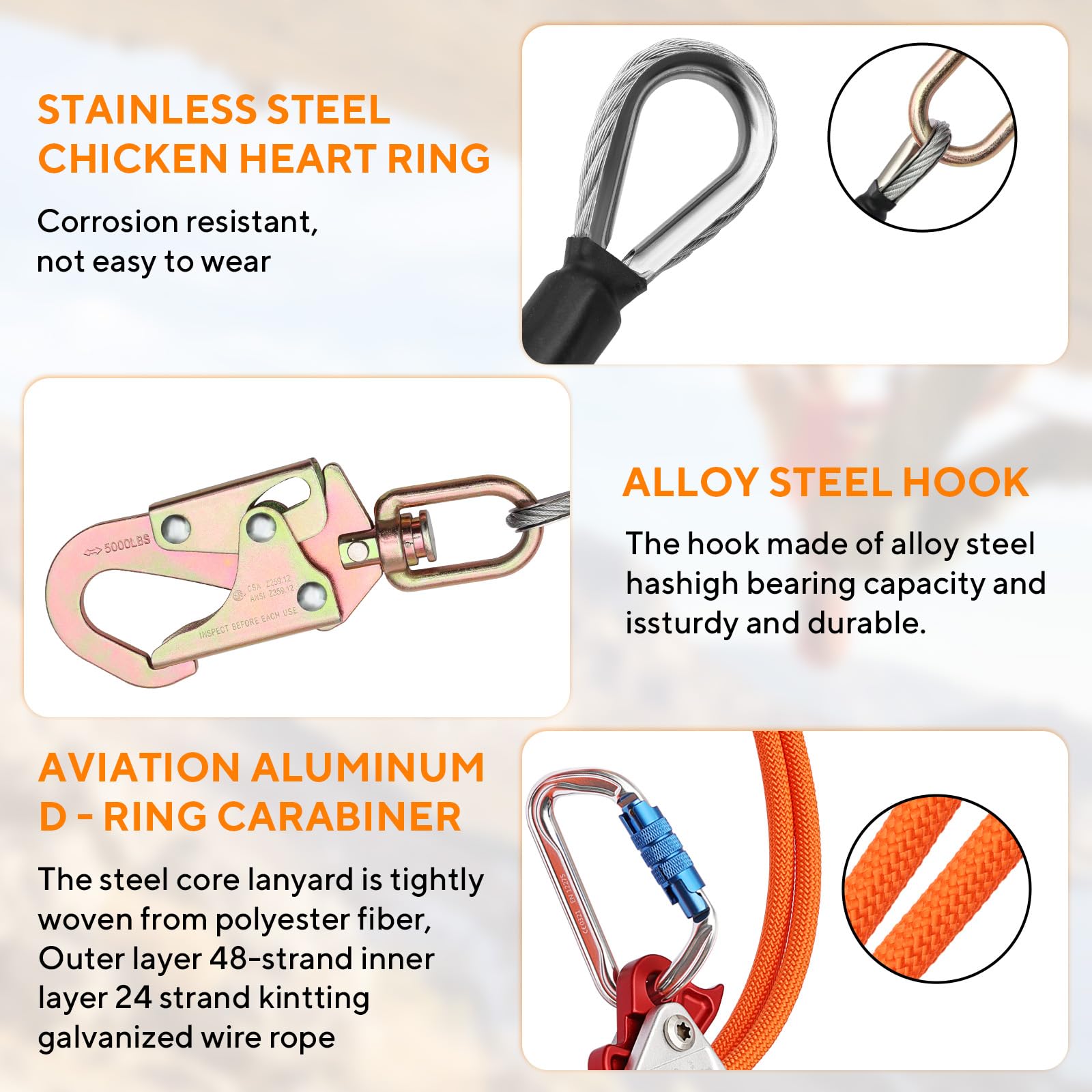 Cable de alambre de acero, kit de cordón de posicionamiento de arborista de protección contra caídas | Arborist - Equipo de escalada de árboles con gancho giratorio, mosquetón de triple bloqueo y ajustador de cuerda