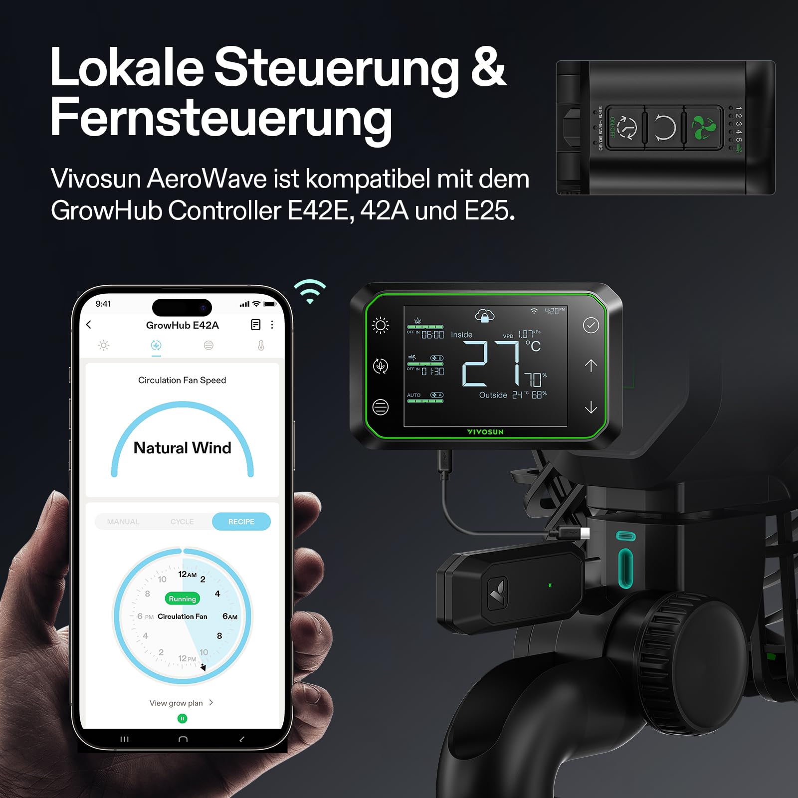 VIVOSUN E6 Gen2 Grow Ventilator Oszillierend Leise Klein for Growzelt, 10 Geschwindigkeiten & 2 Modi, EC-Motor, Clip Ventilator Klemmbar Mini Fan für Growbox, IP54, Timer,APP/WiFi Steuerung Schwarz