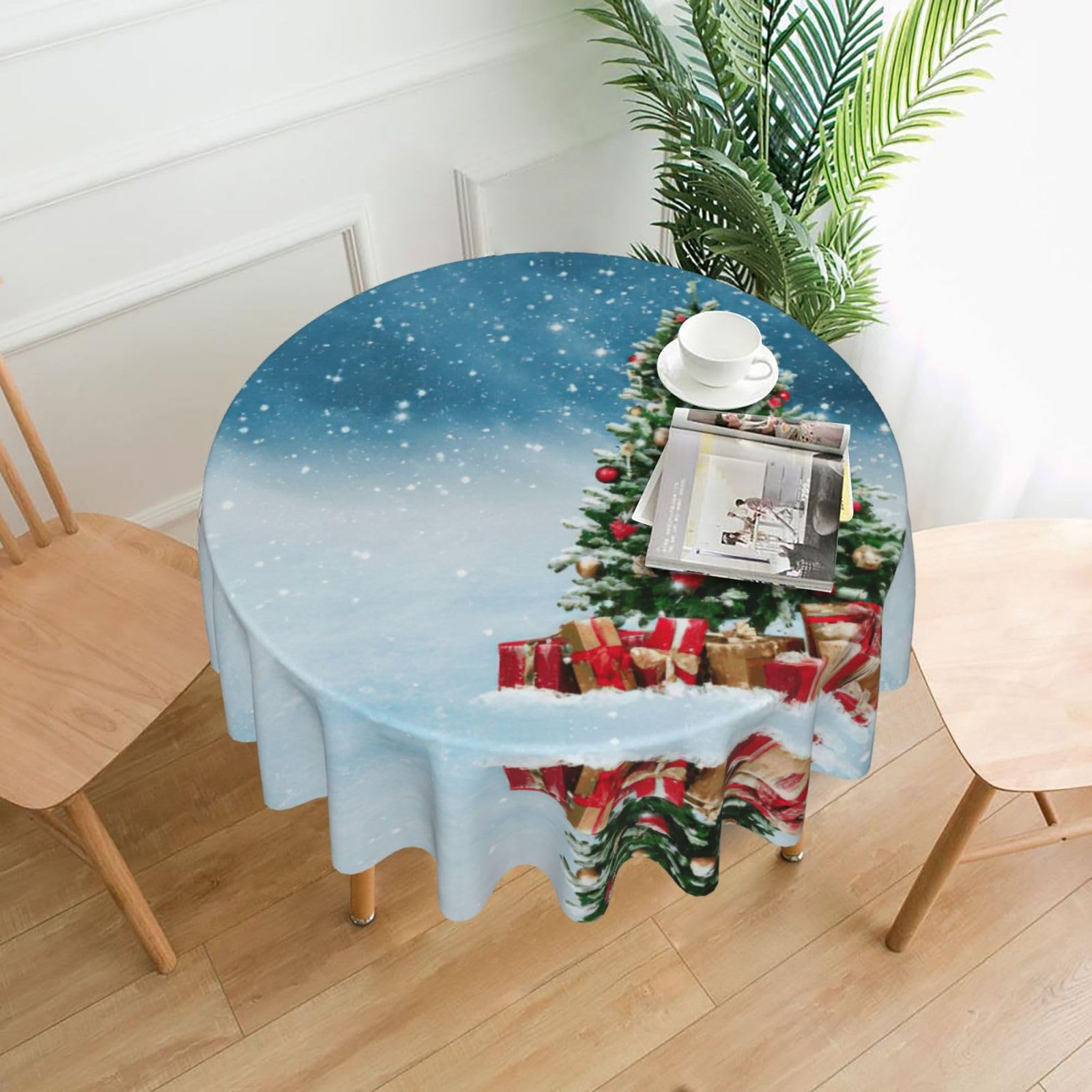Zcmkjlg Christmas Tree and Present Print Quick Ship Round Tablecloth 60in Polyester Washable Cover for Dining Room
