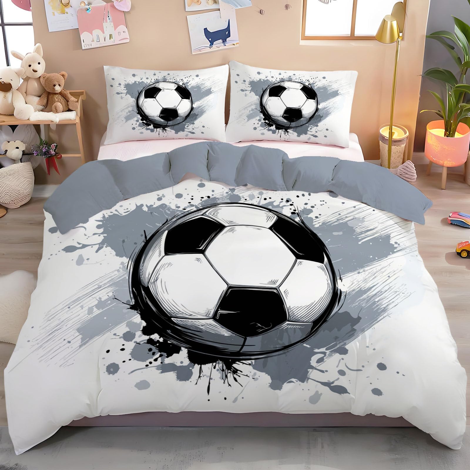 Ensemble housse de couette football 200x200cm parure de lit enfant motif sport moderne 3D