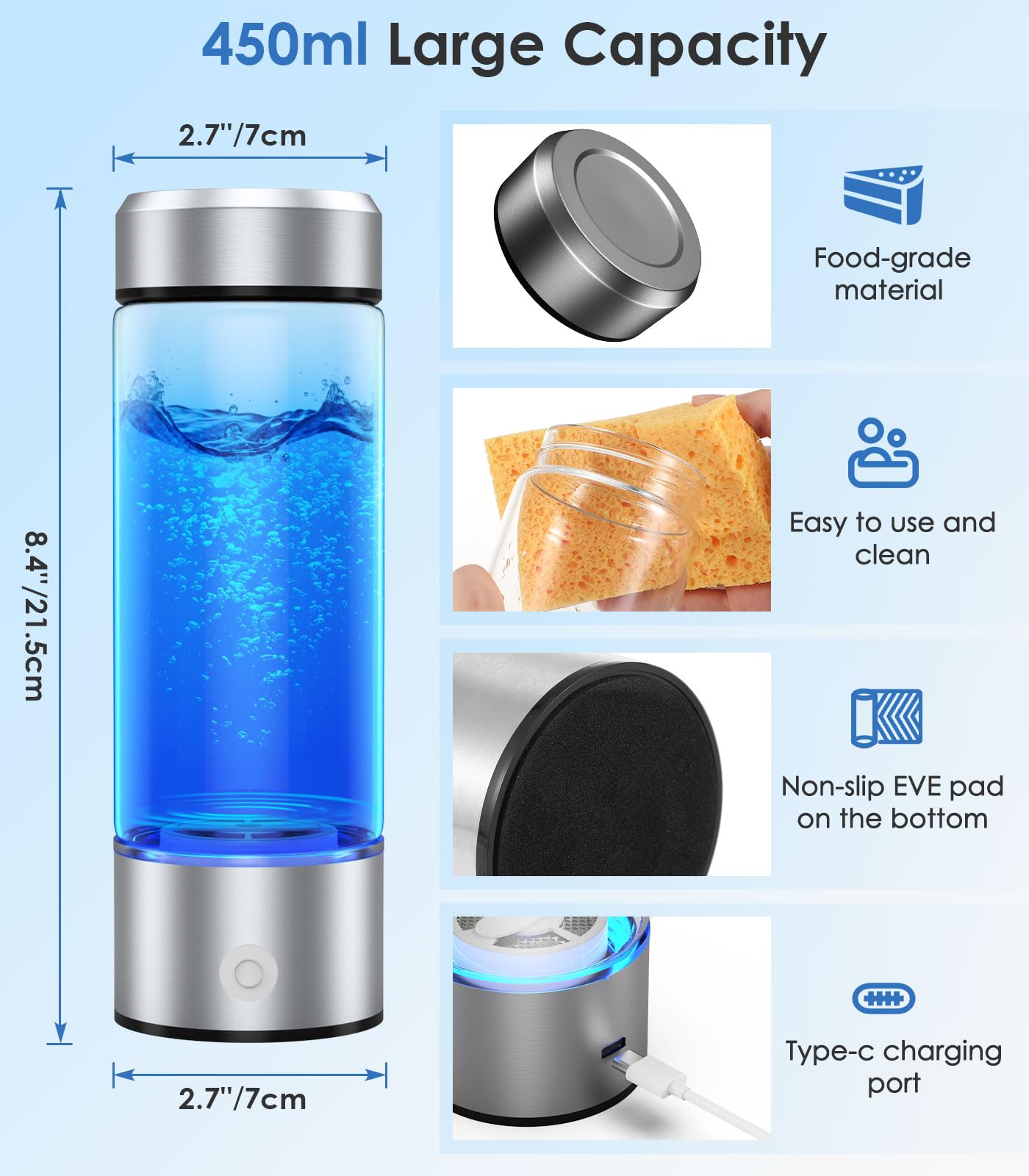 Roylvan Botella de Agua Hidrogenada, Botella con Filtrado de Agua Vidrio sin BPA, 450ml Generador Portátil de Agua de Hidrógeno Rica para Deporte, Hogar, Oficina, Viajes y Bebida Diaria, Plata