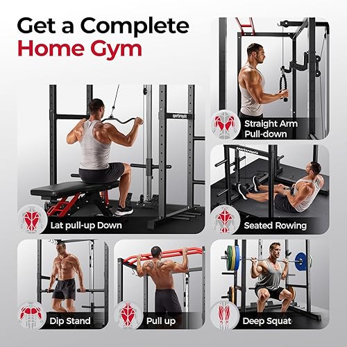 Vista 4 de Sportsroyals Jaula de Potencia, Rack de Potencia Multifuncional de 1600 libras con Sistema de Cruce de Cable Ajustable y Más Accesorios de Rojo